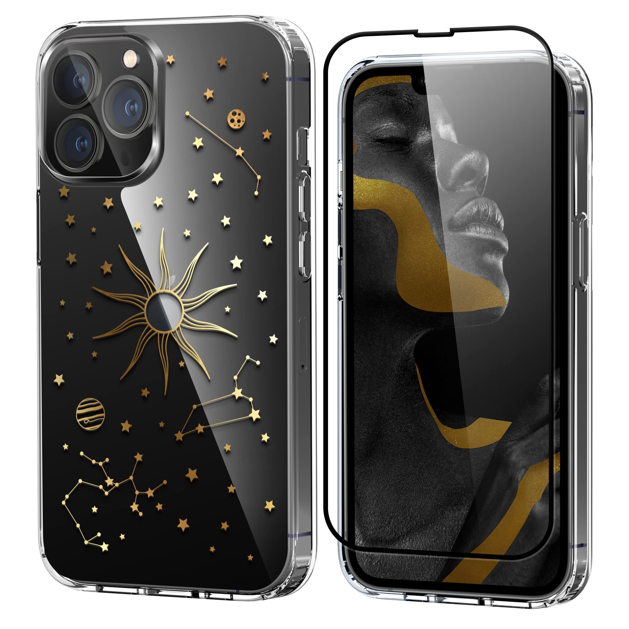 ZGFEIDE iPhone 13 Pro Case Glitter Stars [Non Yellowing] [5X Military Grade Drop Protection] [360° Shock-Absorbing Corners] Clear Crystal iPhone 13 Pro Case with Screen Protector, Fire Signs