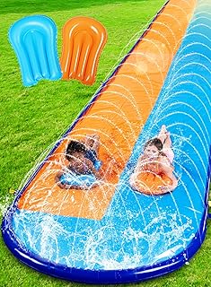 Sloosh 22.5ft Double Water Slides, Heavy Duty Lawn Water Slide for Kids Adults with Sprinkler and 2 Inflatable Boards Slip...