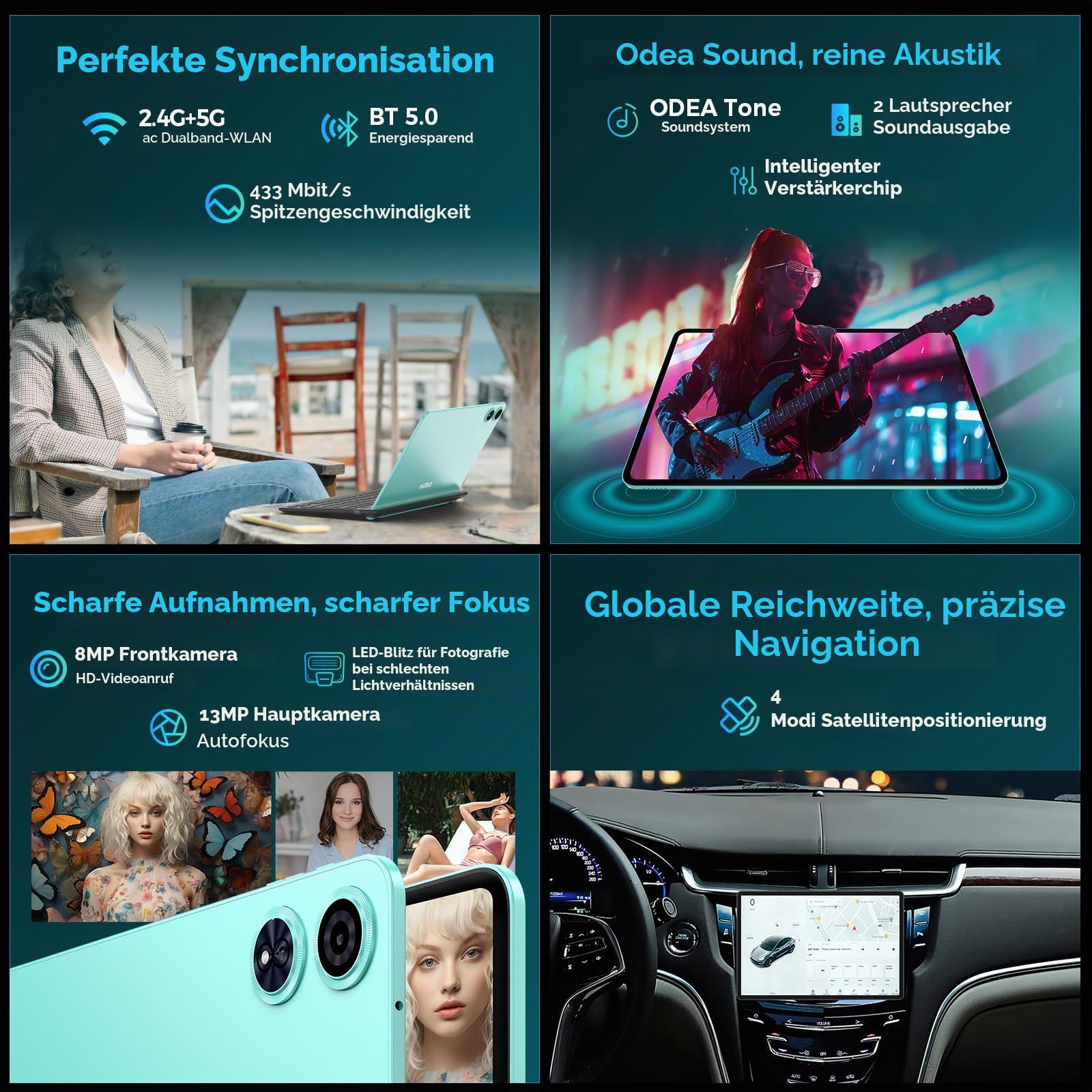 ODEA Tablet 12 Zoll 2K Display Android Tablets mit Stift und Hülle, 8000mAh Akku, 128GB ROM((bis 2TB TF), CPU T7200, Widevine L1, GPS, 5GHz WLAN, BT5.0, 13MP+8MP Tablet Unterstützung Gemini AI