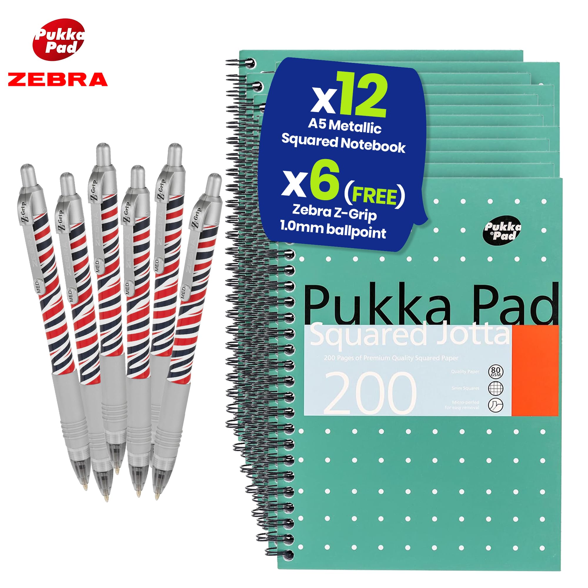 Pukka Pad Jotta - Quaderno a quadretti formato A5, 200 pagine, con rilegatura a spirale, carta a quadretti da 80 g/m² e bordi perforati, per scuola, ufficio e diario, varianti disponibili con penna a