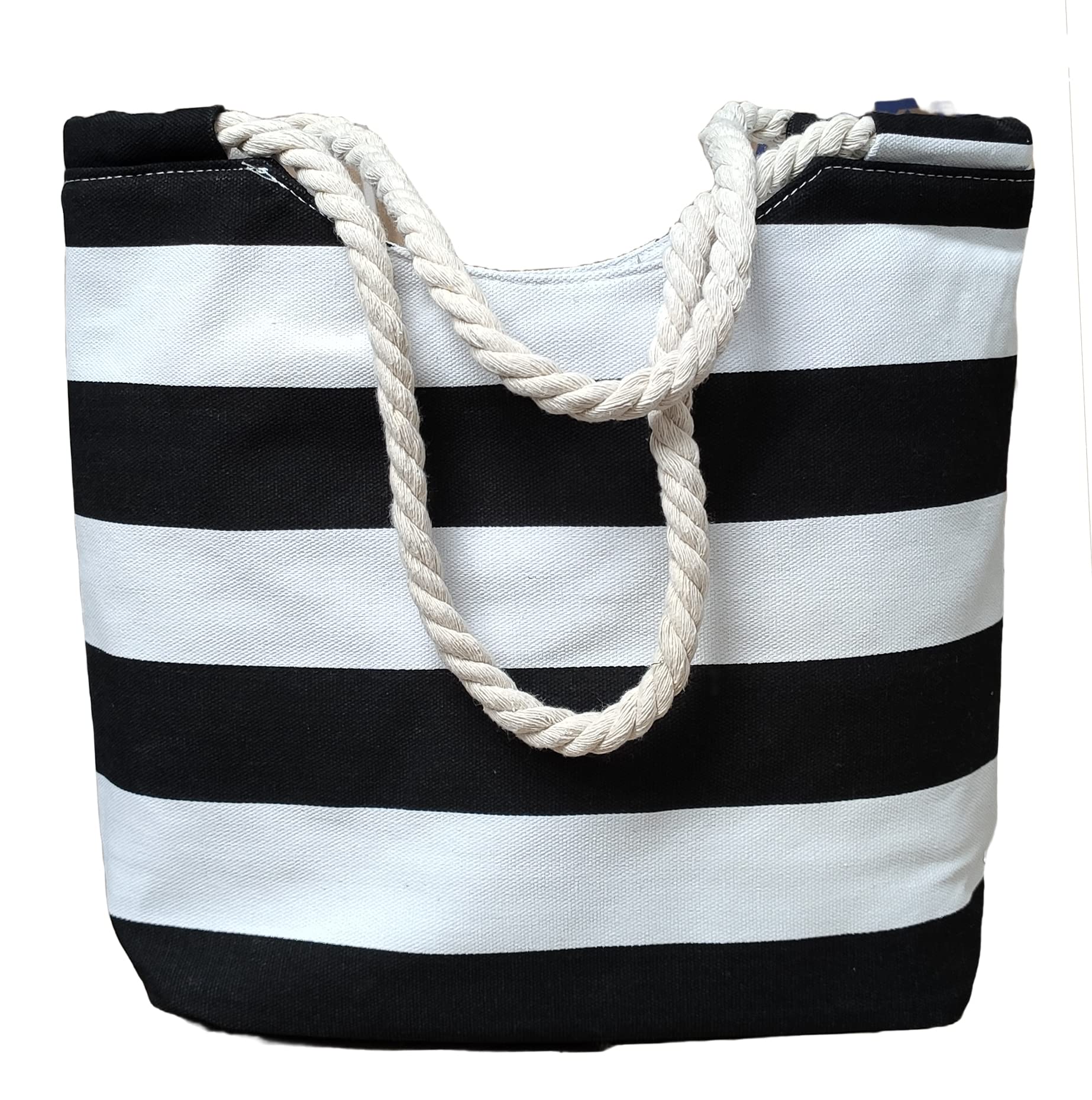 Striped Canvas Shoulder Bag with Natural Jute Rope Handles - Stylish and Spacious Tote for Beach and Beyond