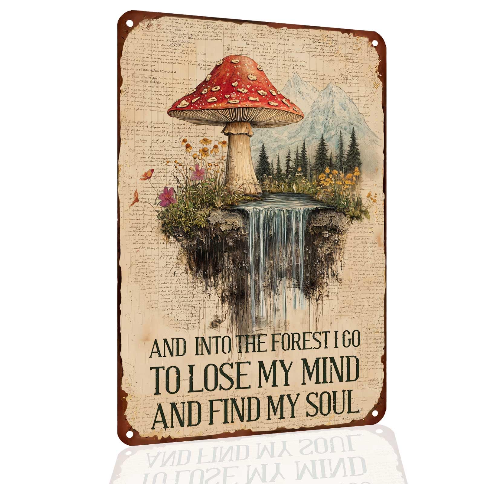 Mushroom Decor Metal Sign with "And Into The Forest I Go" Quote - Cottagecore & Rustic Wall Art for Farmhouse, Kitchen, Bathroom, Gardening Shed - 8x12 Inches