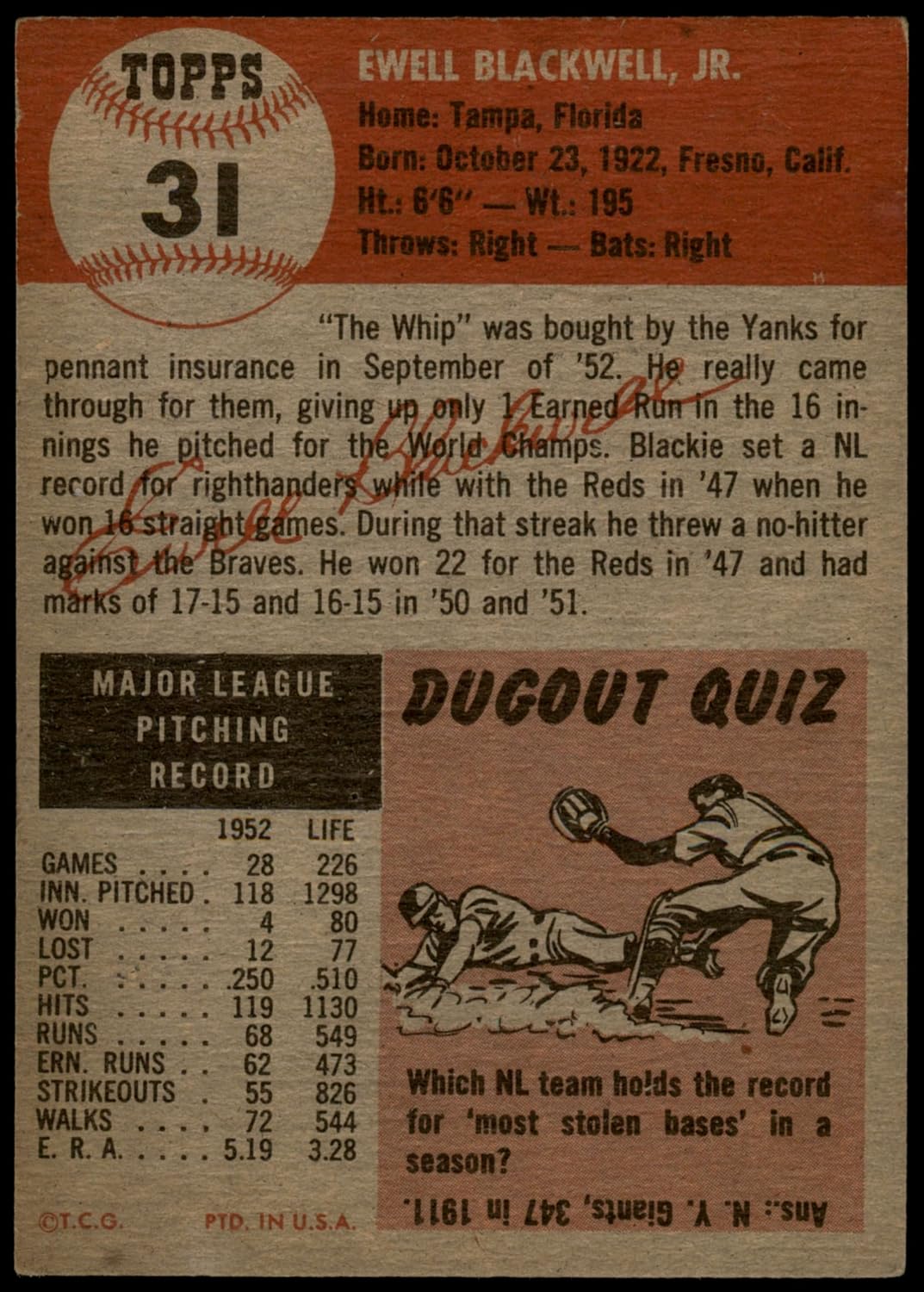 1953 Topps #31 Ewell Blackwell New York Yankees (Baseball Card) VG/EX Yankees