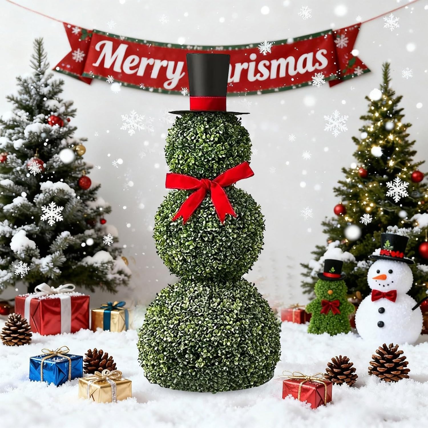 Christmas Snowman Topiary Trees Artificial Outdoor Plants - 32'' Boxwood Topiaries with Red Bow Hat Tie, Faux Topiary Outdoor Plants for Home Front Porch Door Decor Outside Garden