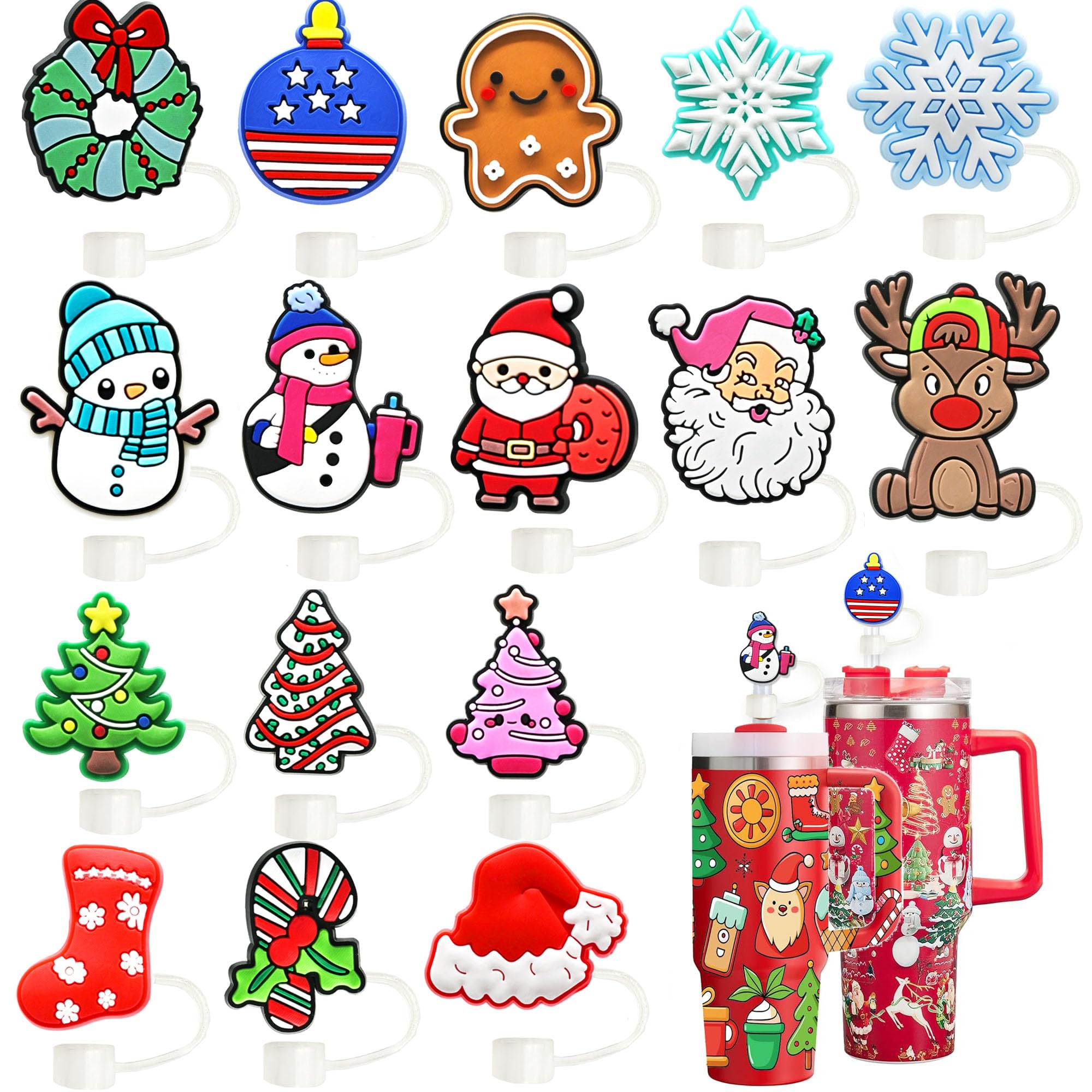 16Pcs Straw Cover, Christmas Straws Topper for Stanley Cup Accessories Santa Claus Christmas Tree 10mm Silicone Straw Covers for Stanley 30 & 40 Oz Tumbler