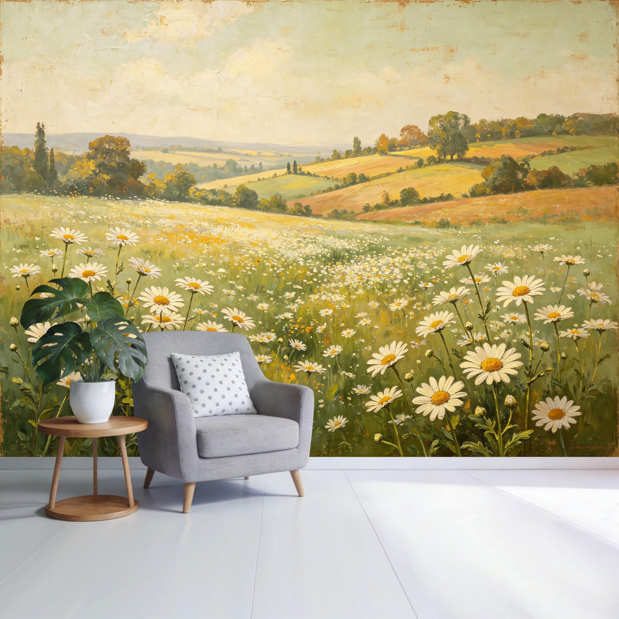 Custom Size Wall Mural Botanical Countryside Daisy Meadow Landscape Oil Painting Style SelfAdhesive Wall Fabric Removable Wallpaper for Home Office Decor
