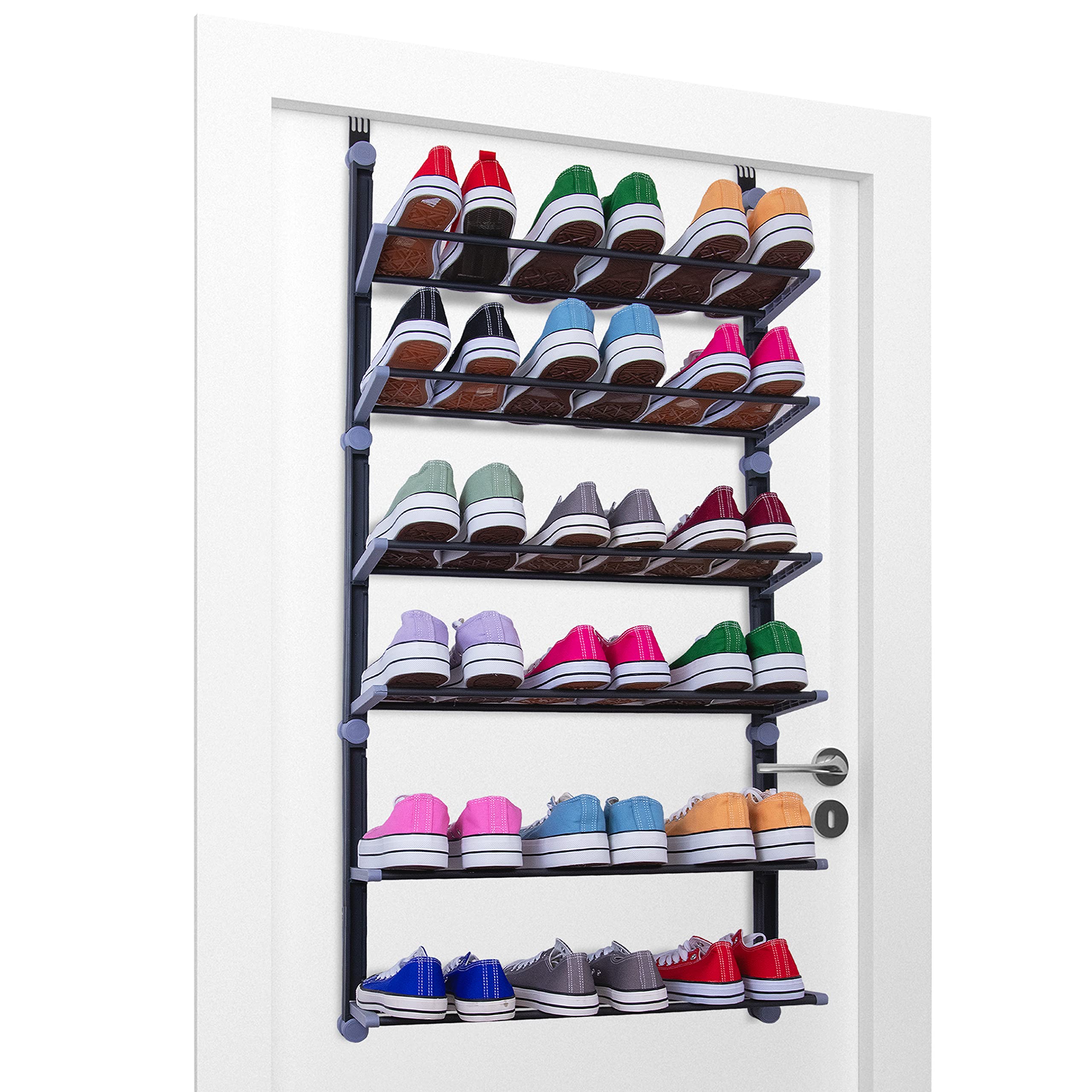 Knight Over The Door Shoe Rack | 6 Tier Shoe Organiser | Space Saving for Bedroom, Hallway | Holds 18 Pairs | Foldable Non-Slip Metal (6 Tier)