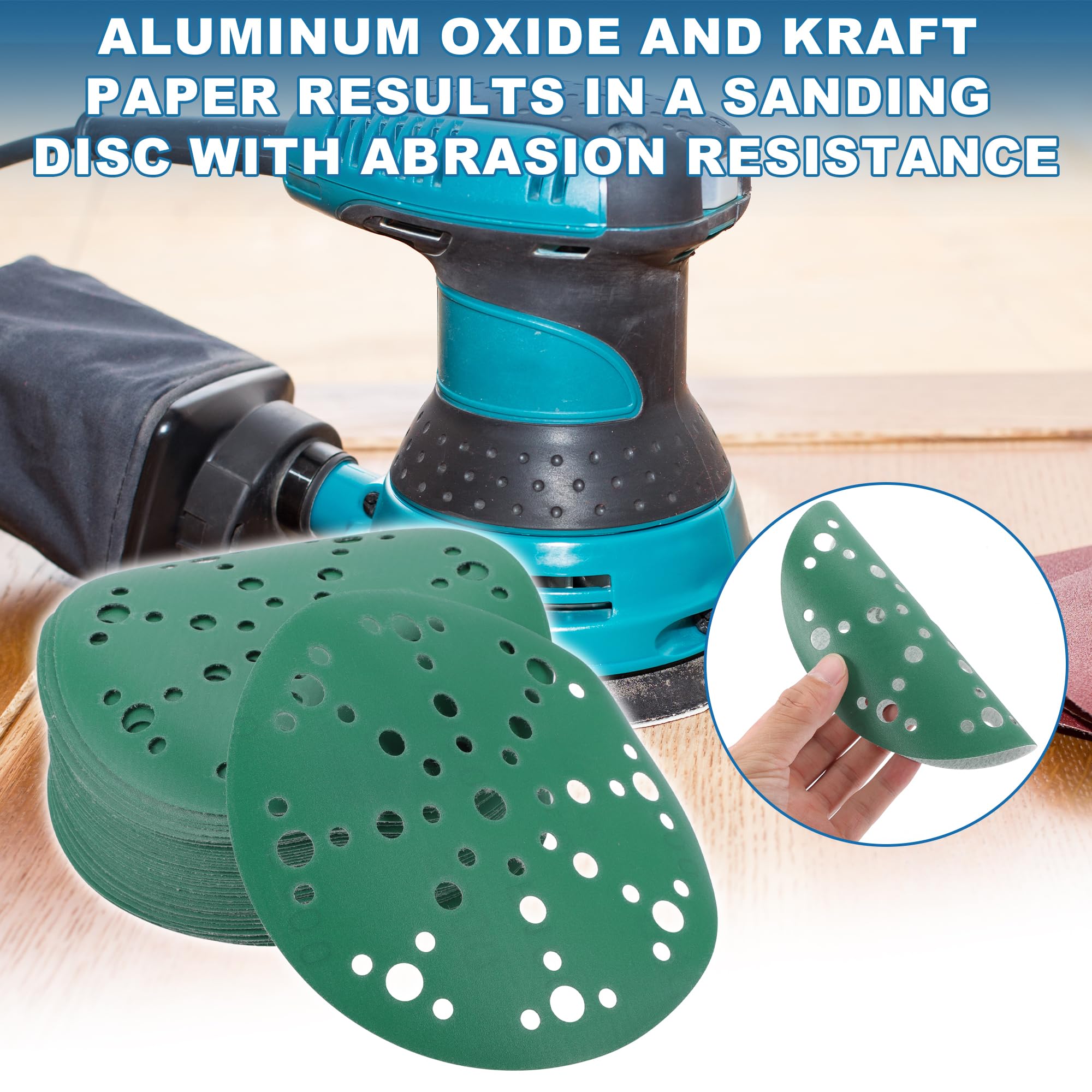 A ABSOPRO Sanding Discs 6 Inch 49 Hole 400 Grit Round Hook and Loop Sandpaper Aluminum Oxide Green 50pcs, 6" - Image 2