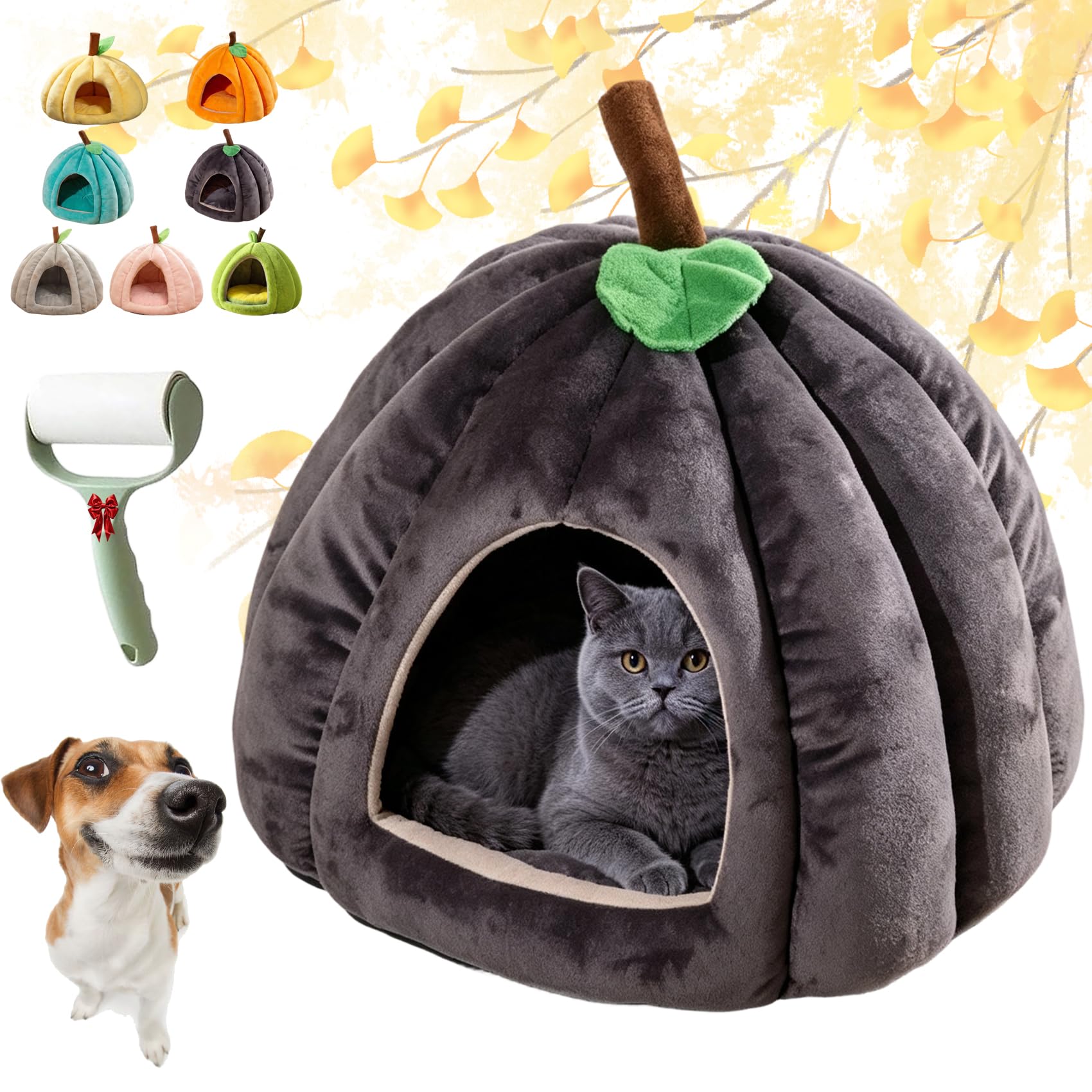 Halloween Cat Cave Bed With Removable Cushion, Pumpkin Shaped Cat Bed，G：L