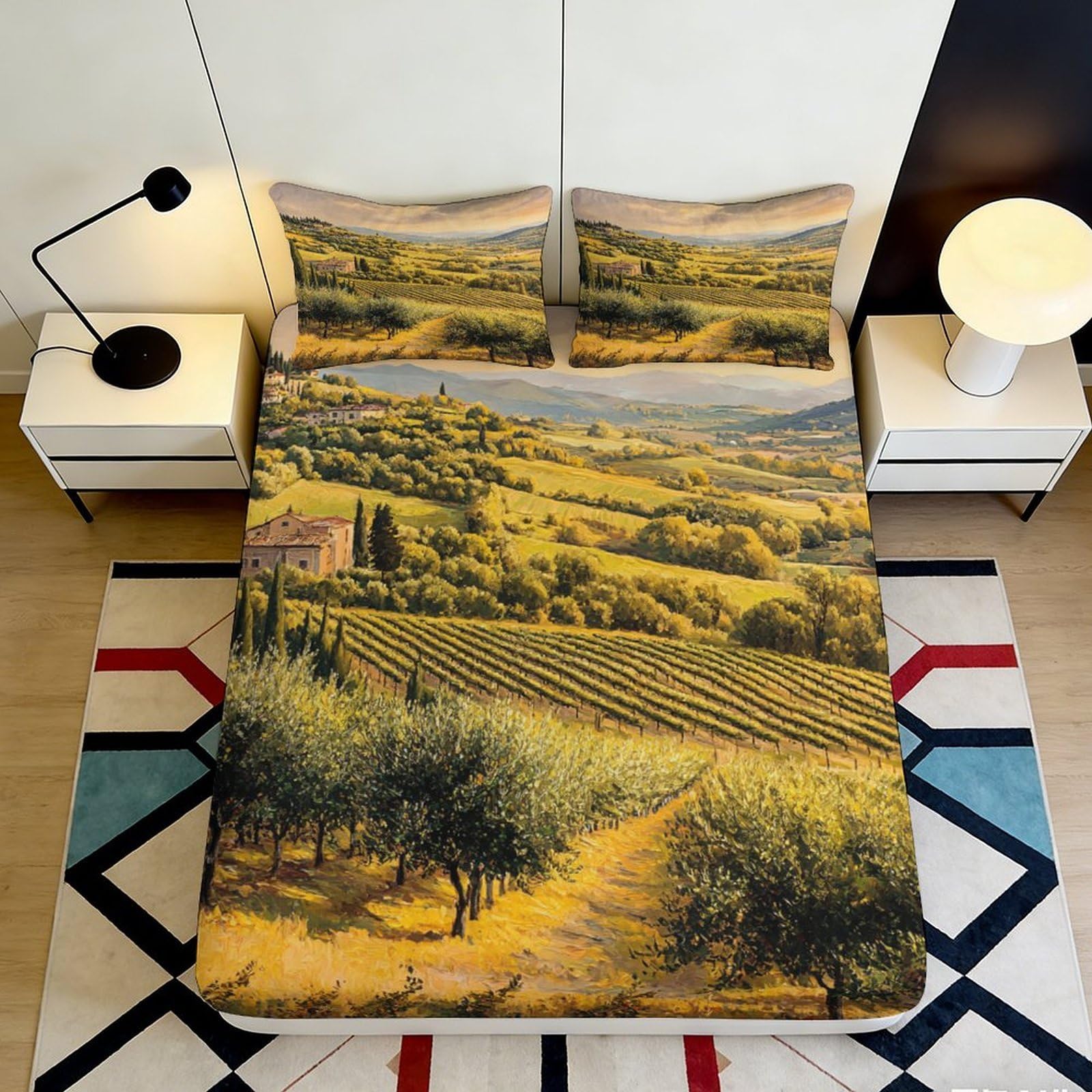 3D Printed Tuscany Landscape Fitted Sheet Microfiber Soft Breathable Countryside View Mattress Cover for Bedroom Guest Room Decor 160x200x25cm