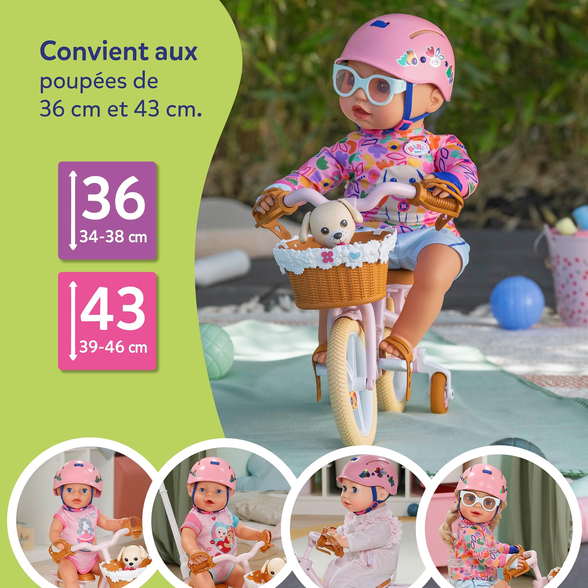 BABY born Vélo avec Lucky, vélo pour poupée avec Panier, Guidon et Autocollants