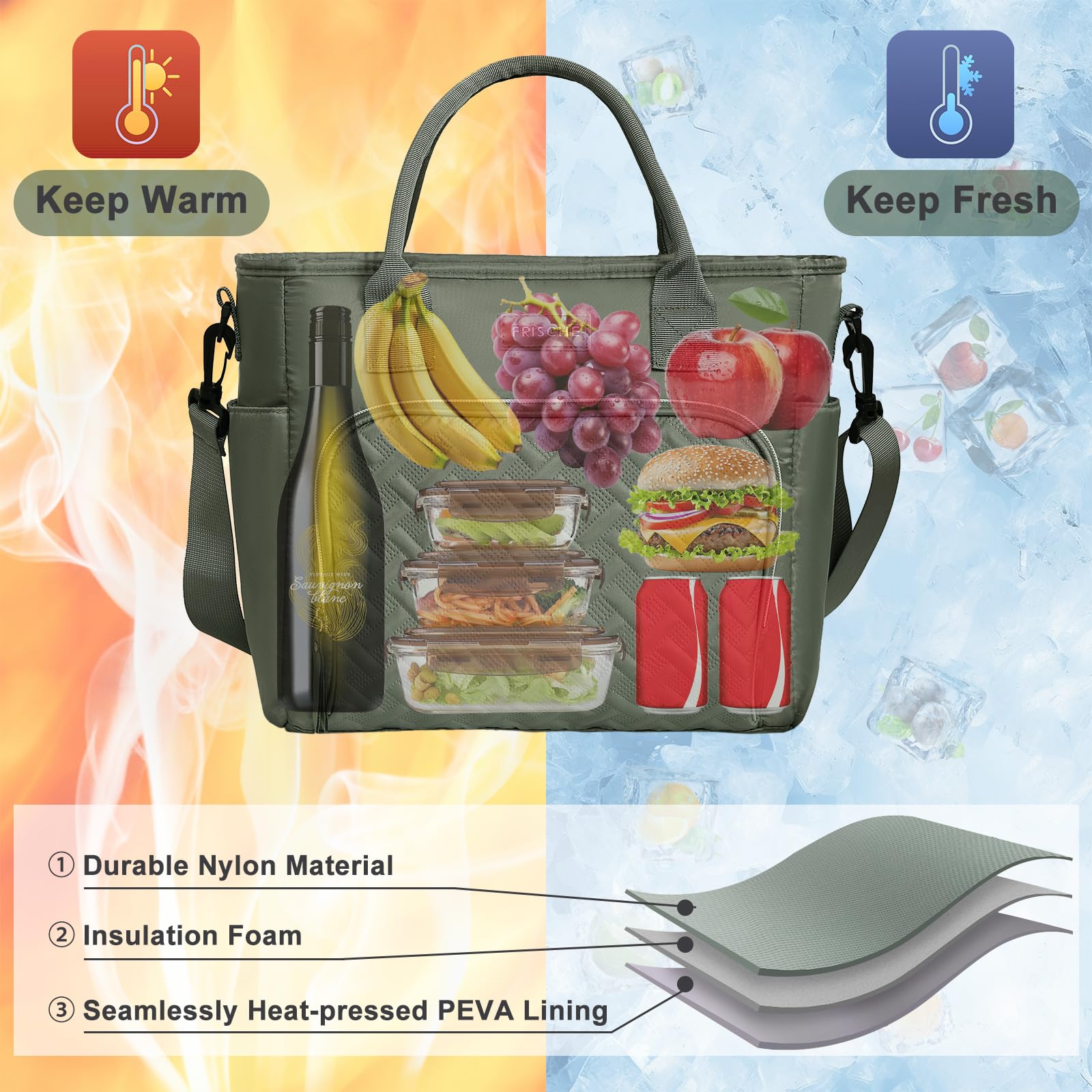 Lonchera aislada para hombres y mujeres, bolsa térmica grande a prueba de fugas con correa extraíble, fiambrera, bolsa de almuerzo reutilizable para adultos, para el trabajo, picnic y viajes, color