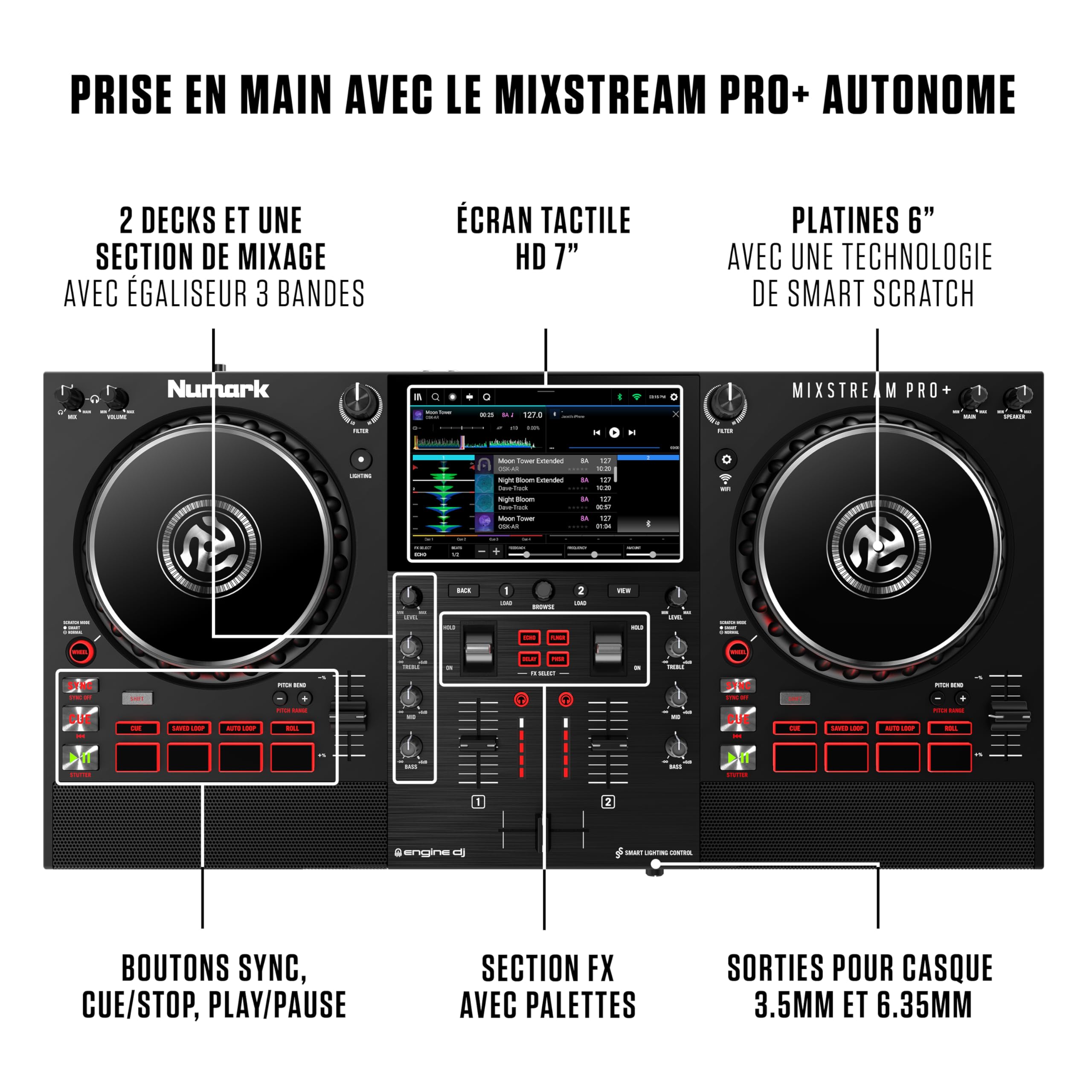 Numark Mixstream Pro+ contrôleur DJ avec séparation Stems, 2 platines, Wi-Fi, mixeur, écran tactile 7", haut-parleurs, compatible Serato et Virtual DJ
