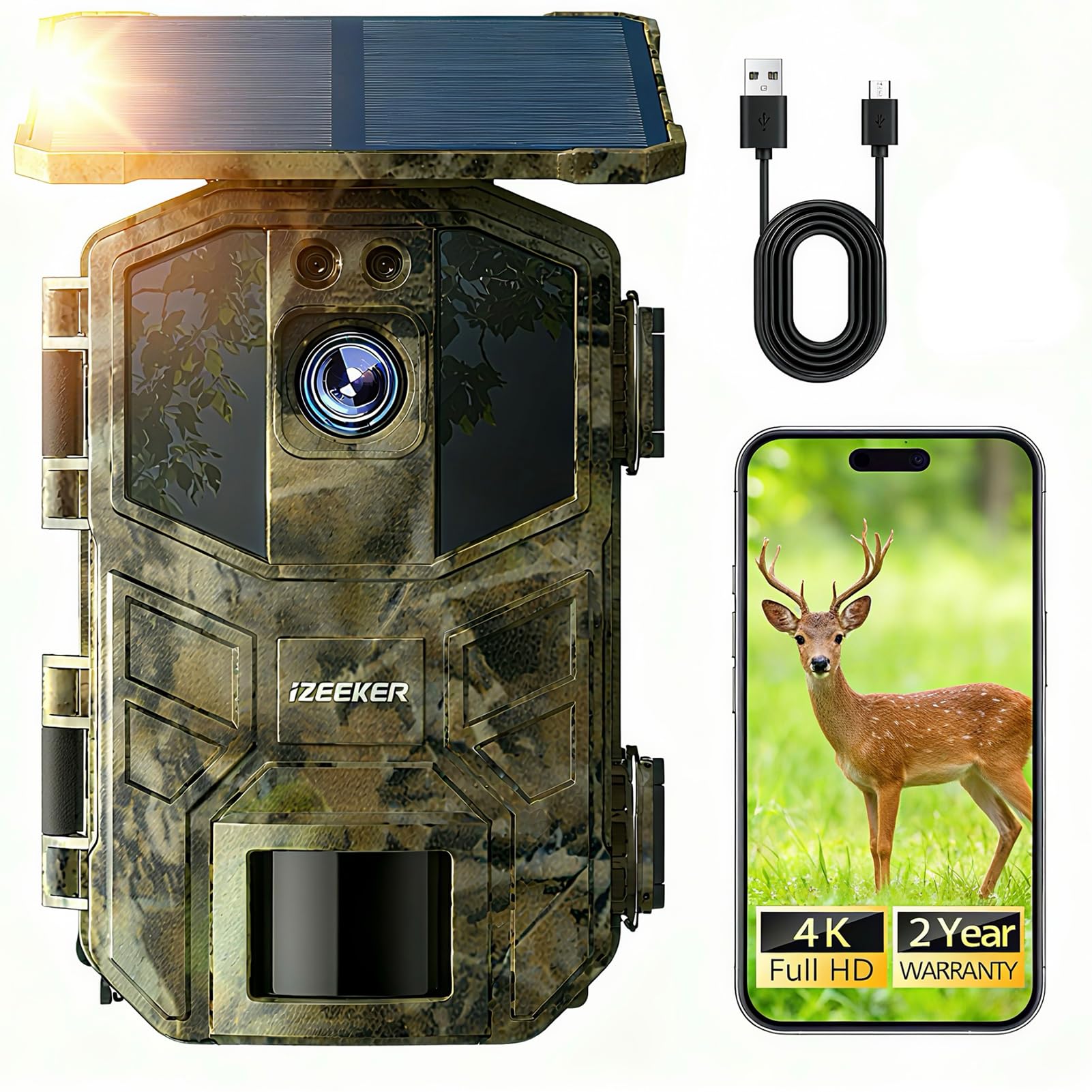 iZEEKER Solar Wildkamera 4K 64MP mit Handyübertragung App, WLAN & Bluetooth Wildtierkamera mit Bewegungsmelder Nachtsicht, Solar Tierkamera mit 5200mAh Akku, IP66, 0.1s Auslösezeit