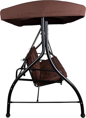 Miniatura 7 de BizChair Hamaca de toldo de columpio de patio de conversión de acero al aire libre de 3 asientos con cojinescama de columpio al aire libre (marrón)