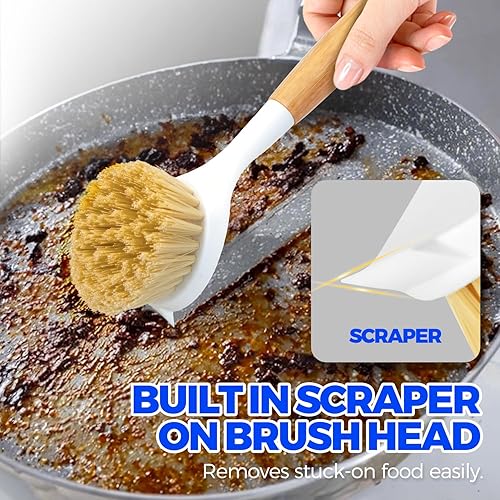 Miniatura 10 de Holikme Juego de 3 cepillos para platos con mango de bambú, cepillo de cocina para limpiar platos, ollas, fregadero y estufa, limpiador de sartén