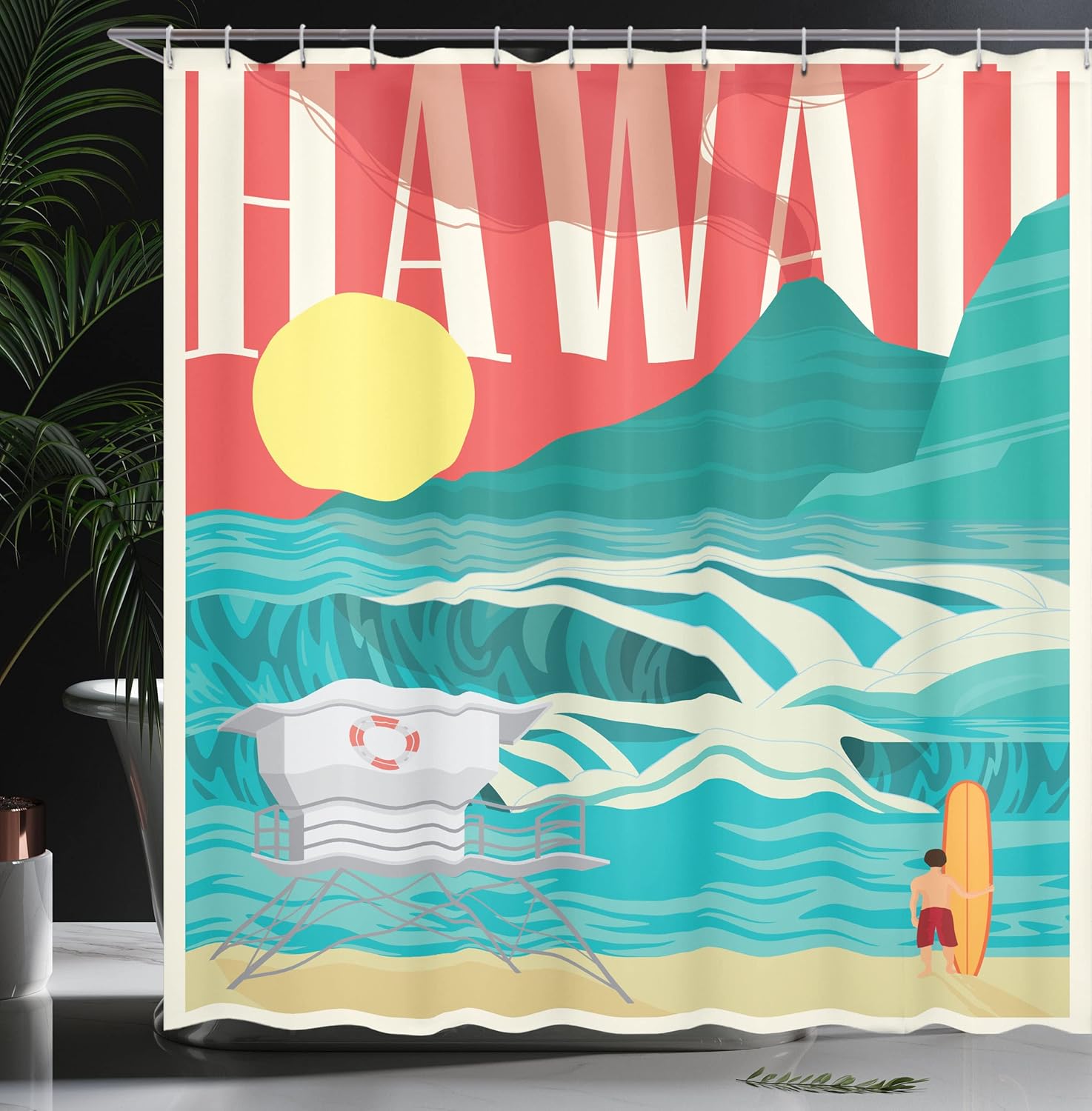 Ambesonne Hawaiian Shower Curtain, Hawaii Sandy Coastline Sunny Day Surfboard Tropics Famous Honeymoon Destination, Cloth Fabric Bathroom Decor Set with Hooks, 69" W x 84" L, Sand Teal 69" W x 84" L Sand Teal