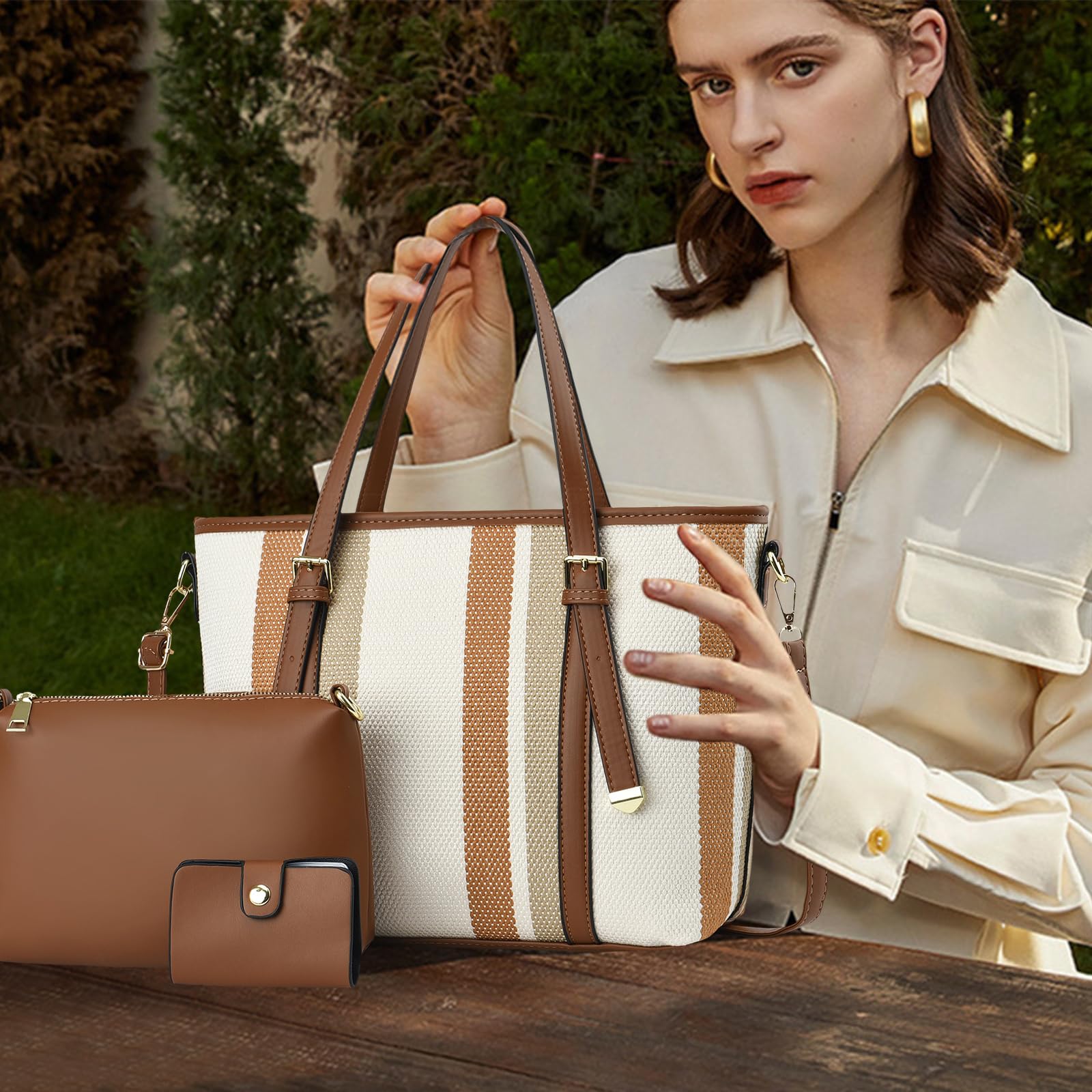 NICOLE & DORIS Ensemble Sac à Main Sac Fourre Tout Rayé Grand Sac Bandoulière Cabas Sac D'épaule Cuir PU 3 Pièces Sac avec Portefeuille pour Travail Shopping Voyage