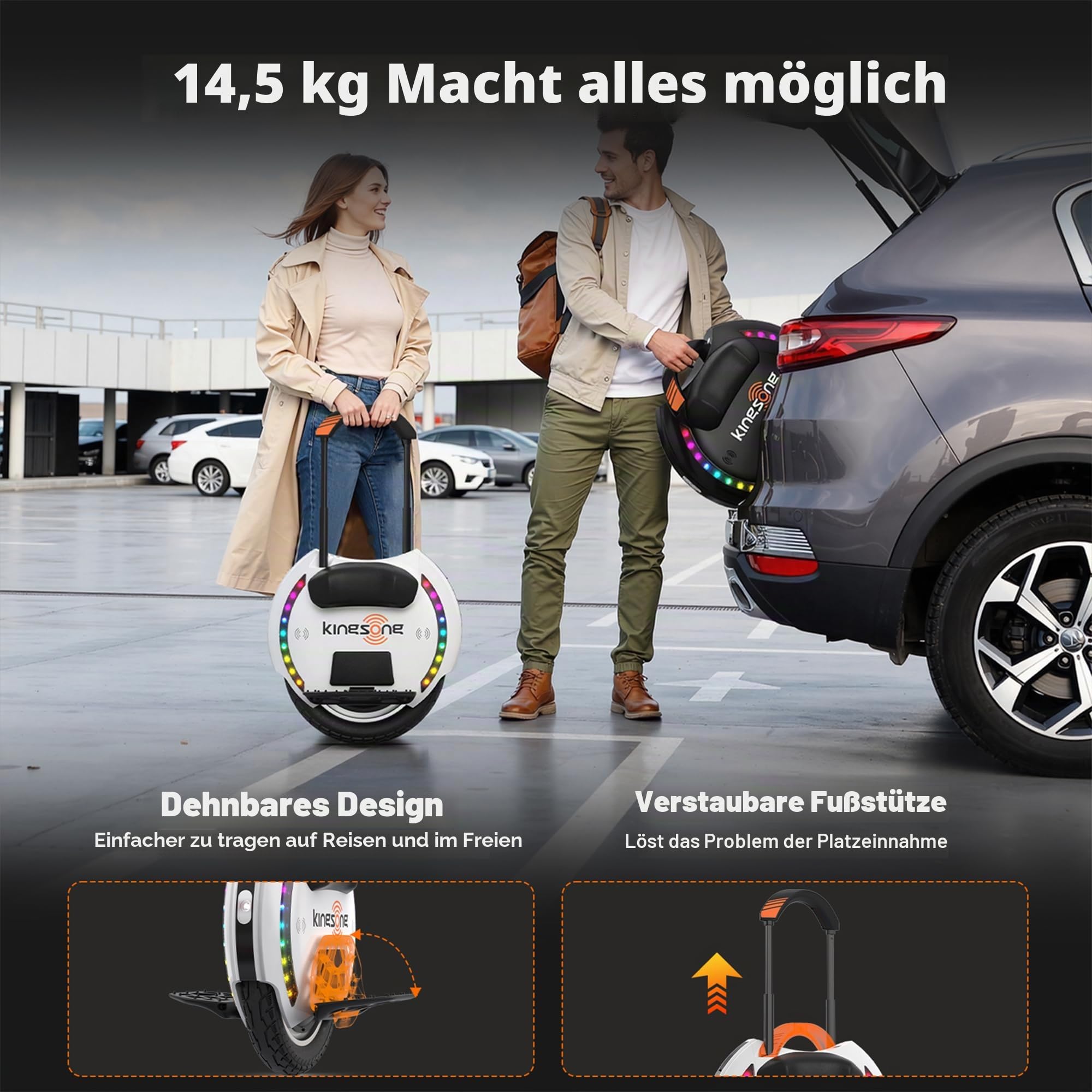 Kingsong Elektro-Laufrad KS-14D, Erwachsene,Weiß, 800W Motor, Reichweite bis zu 40km, 20km/h begrenzt, 14" Luftreifen, Lautsprecher und Bluetooth