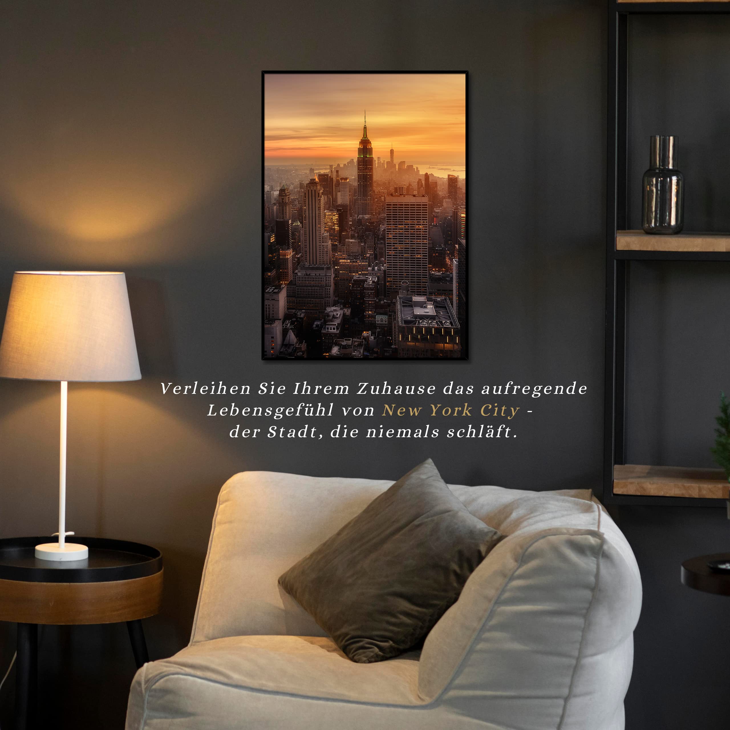 daazoo Wandbild Empire State Building Sunset | 50 x 70 cm Hochformat | Bild mit Rahmen schwarz Hochformat | groß XXL City | New York Wahrzeichen Skyline | Wohnzimmer Büro