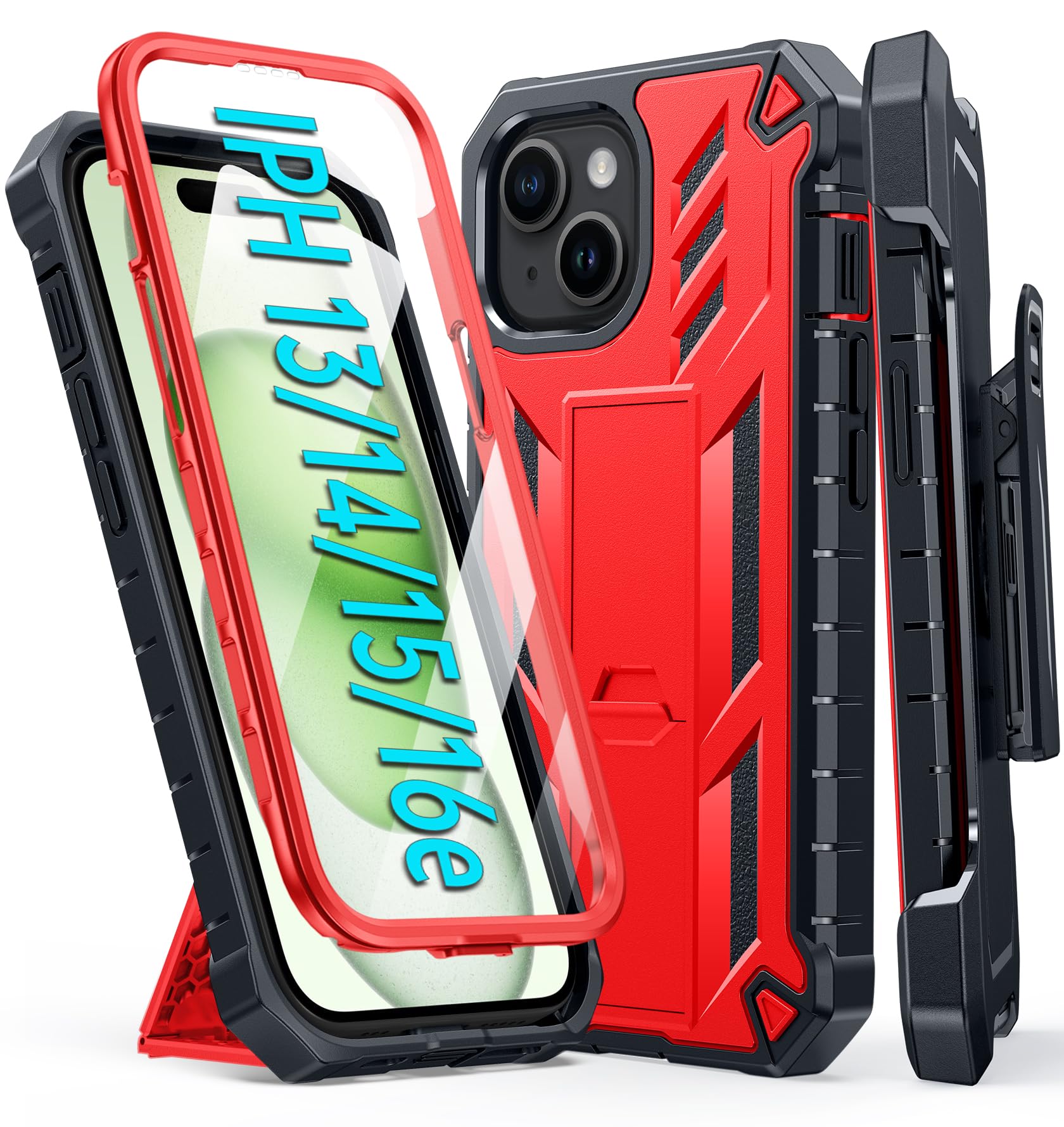FNTCASE for iPhone 15 Phone Case: for iPhone 14 & 13 & 16e Case Military Shockproof Protective Rugged Cell Phone Cover with Kickstand & Belt-Clip