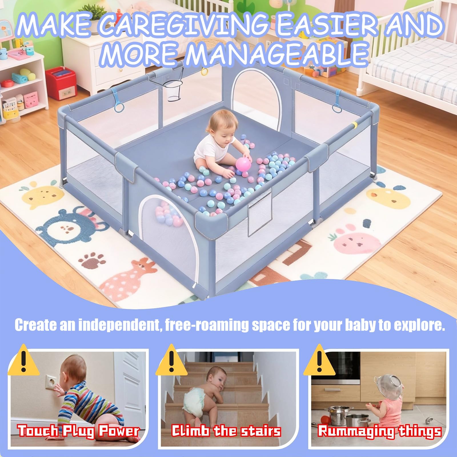 Verdego Parc Bebe 150x180x66cm, Parc Enfant avec 50 Boules de Fosse, 4 Anneaux de Traction, Mini Vannerie, Tissu 210D Oxford et Acier Inoxydable, Espace de Jeu Sécurisé pour Enfants (gris clair)