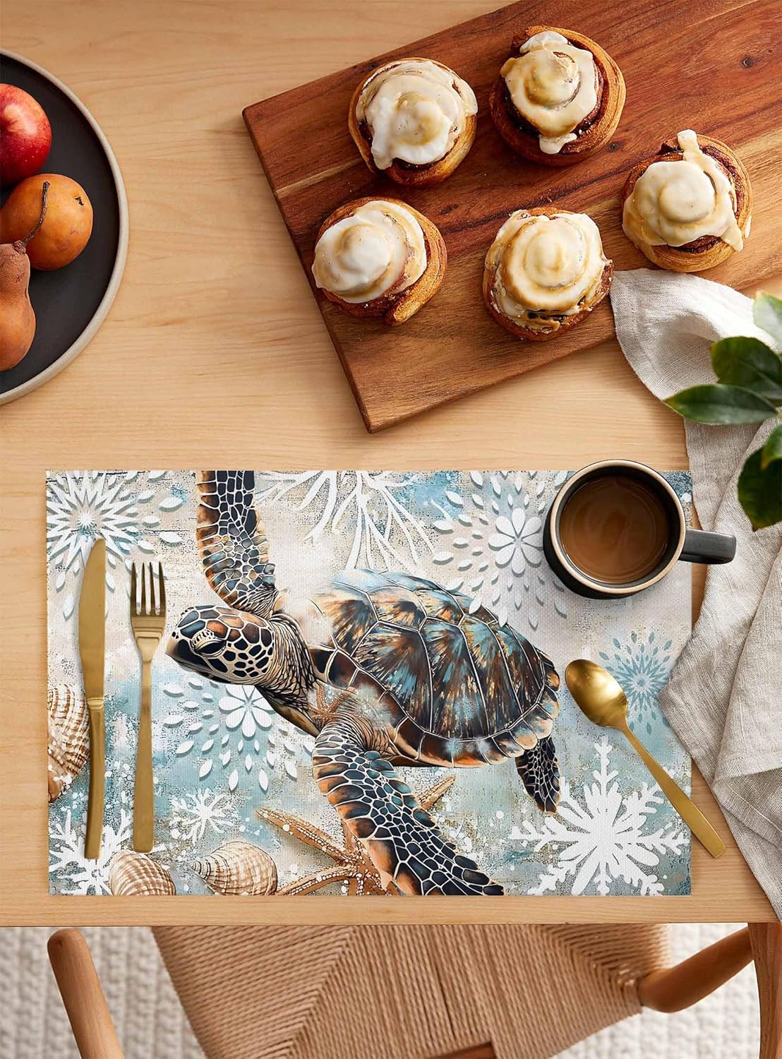 Retro Sea Turtle Placemats Set of 6 Nautical Starfish Summer Beach Boho Floral 13x19 Inch Washable Non Slip Linen Table Mats, Rustic Summer Placemats for Dining Table Party Kitchen Decor