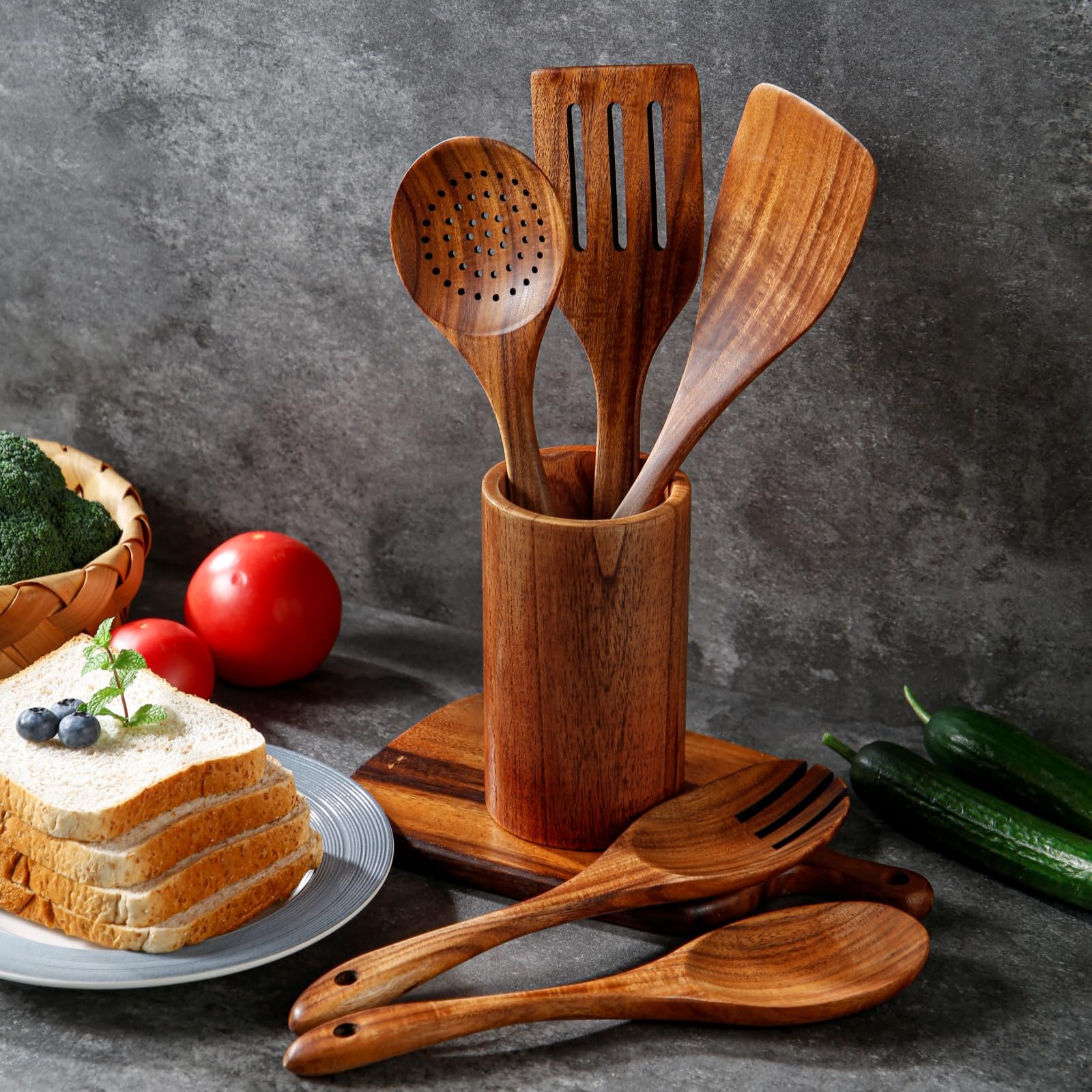Kochutensilien-Set aus Holz, 6-teilig, mit Löffelhalter, Naturholz-Finish