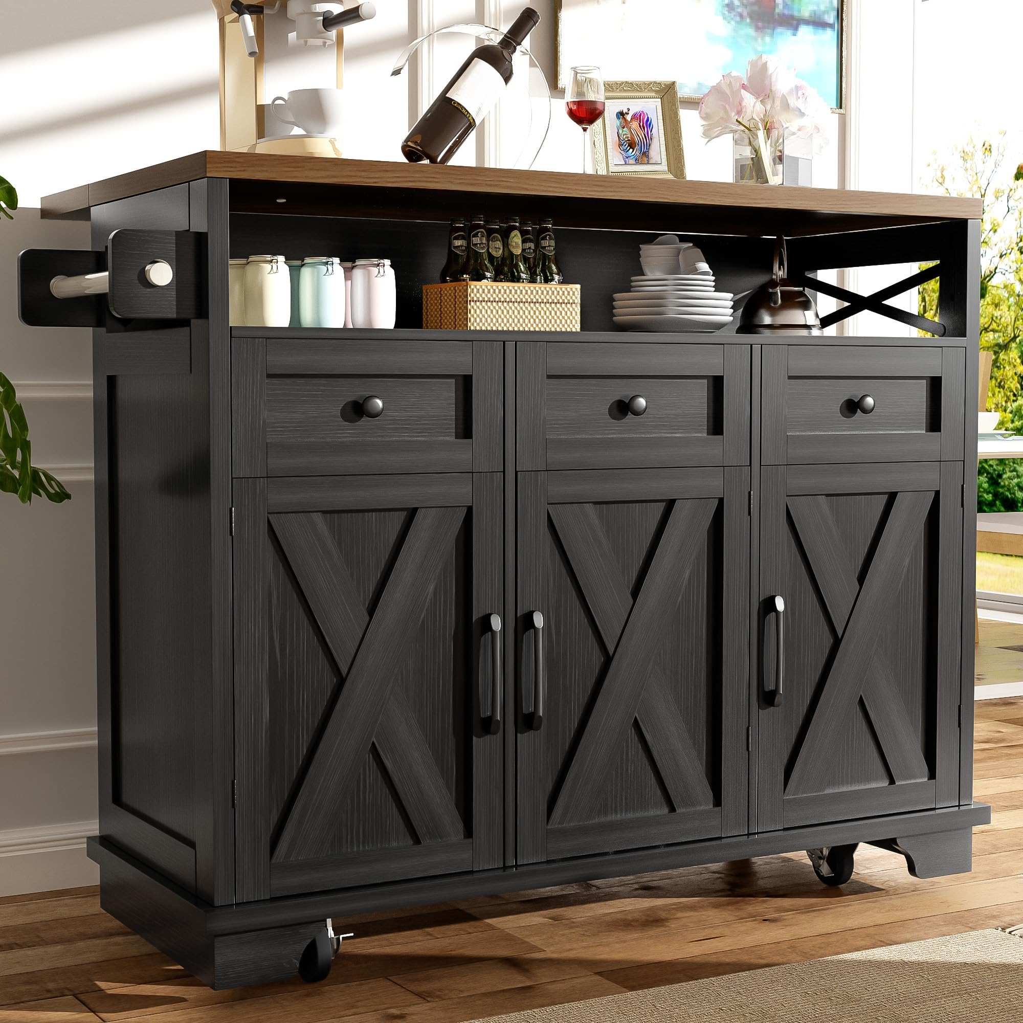 Isla Cocina con Ruedas y Tablero Plegable, Armario de Cocina con 3 Cajones y 3 Puertas, Mueble Auxiliar de Cocina con Toallero y Estante Ajustable, Kitchen Island, 118x43-70x98 cm, Negro