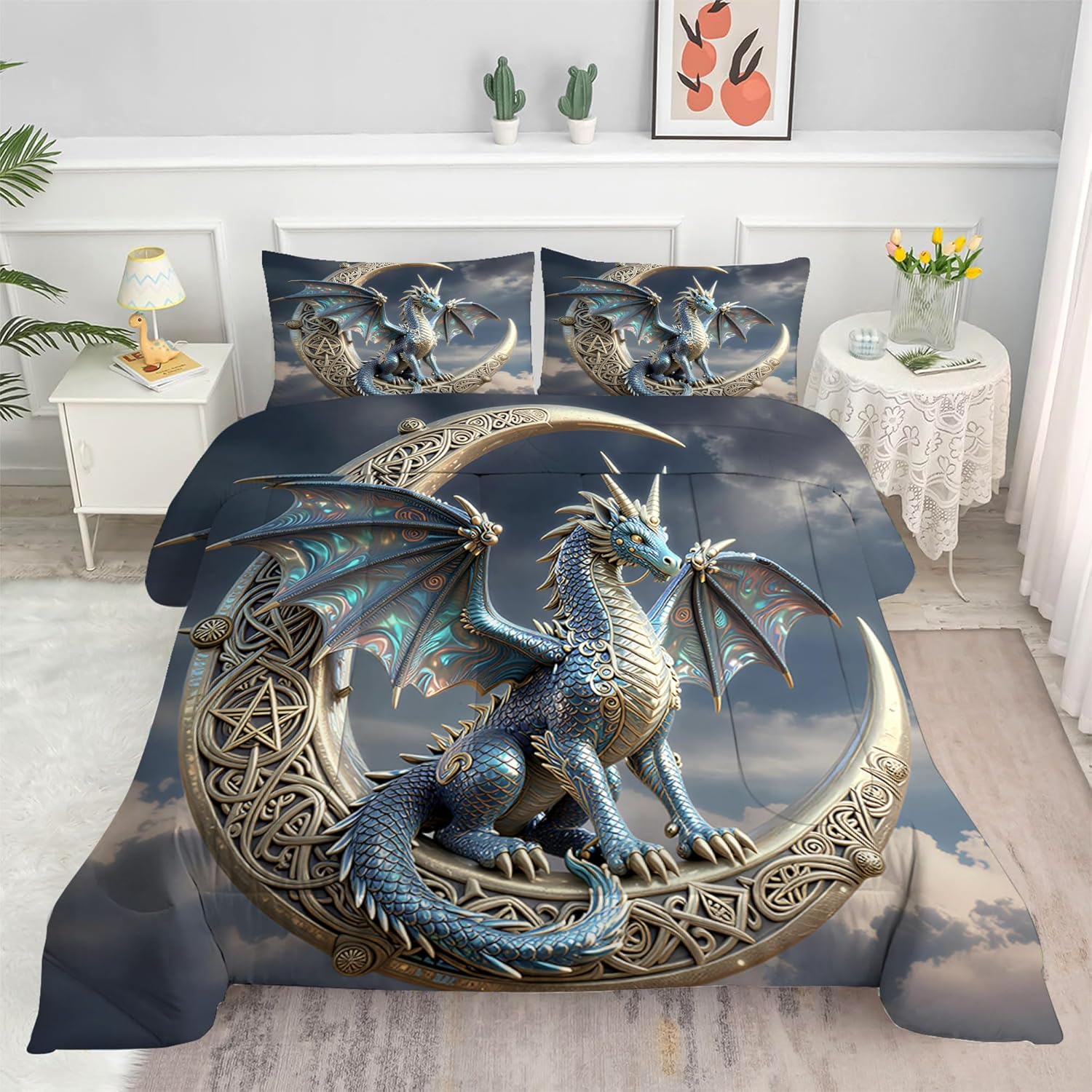 Dragon Comforter Set King Size 3D Dinosaur Bedding Set Pterosaur Quilt Bed Sets for Kids Boys Teens Bedroom Decor 1 Comforter+ 2 Pillowcases