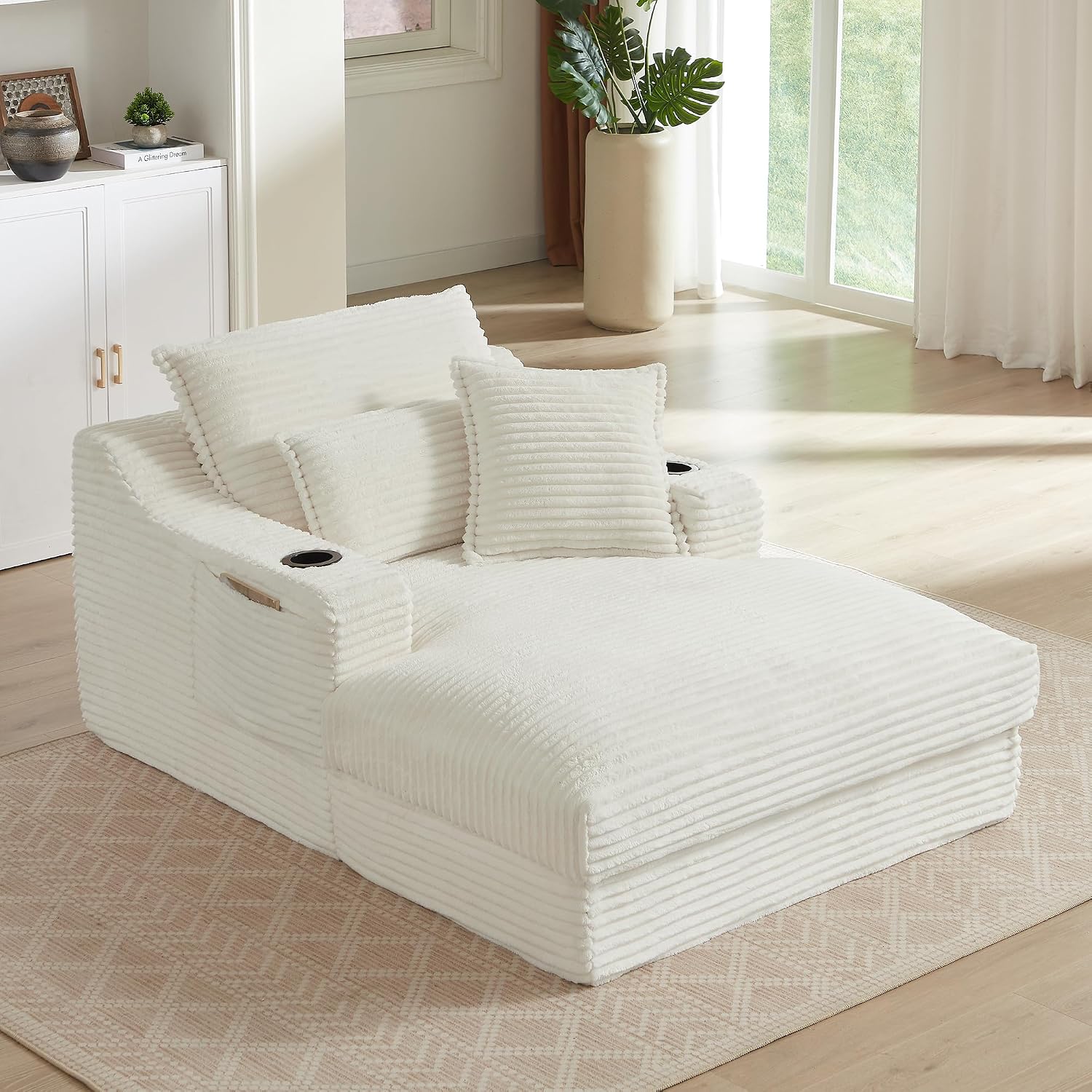 White Chaise Lounge Chair Indoor, 47.2" Oversized Corduroy Boneless Sleeper Sofa Cloud Couch w/Thick Cushion & Cup Holder & Storage Pocket,Modern Comfy Single Reading Chairs for Living Room, Bedroom