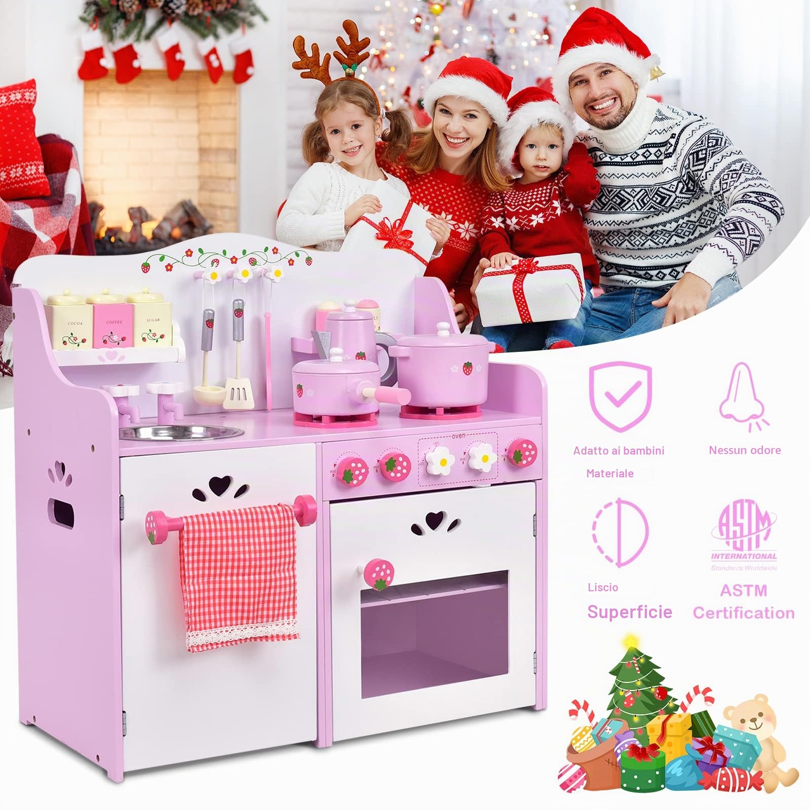 RELAX4LIFE Cucina in Legno per Bambini con Disegni di Fragole, Giocattolo Cottura con Accessori Completi, Regalo Perfetto per le Bambine con più di 3 Anni, Rosa e Bianco, 60 x 30 x 63 cm (L x P x A)