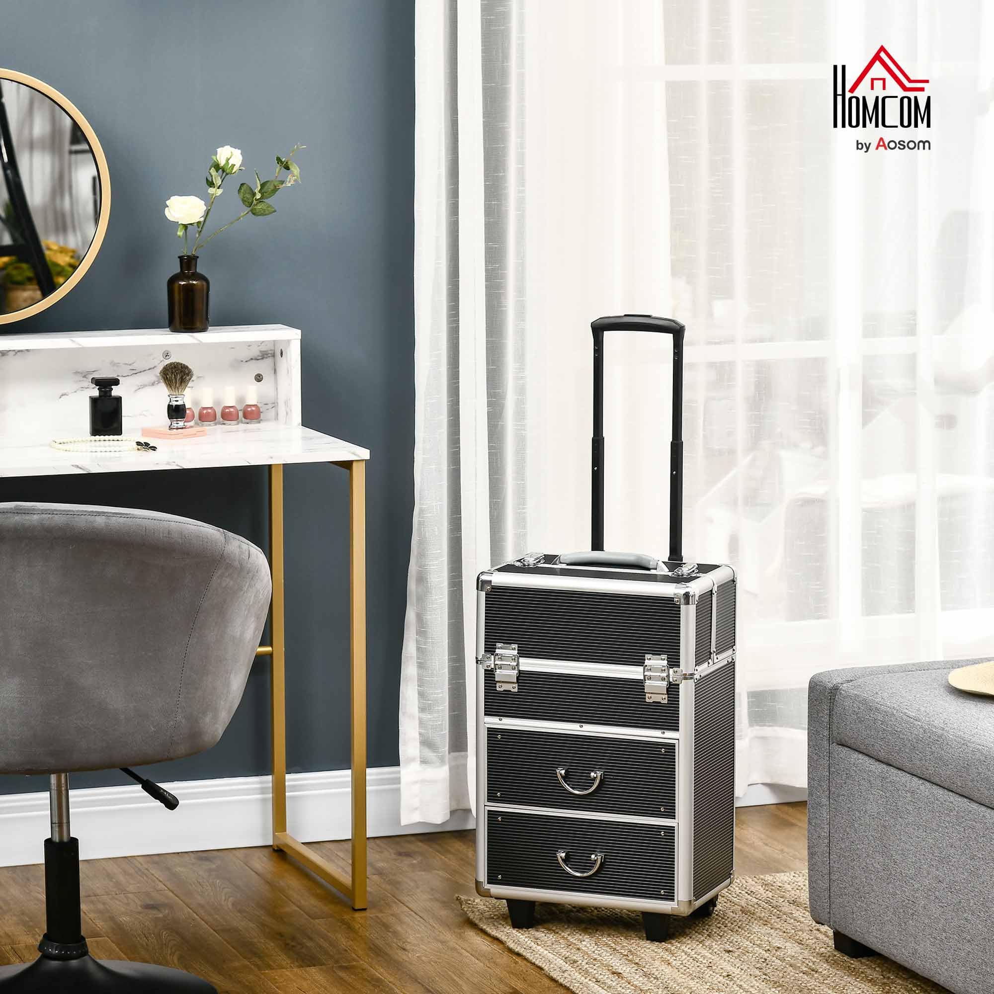 HOMCOM Maletín de Maquillaje Profesional Estuche para Cosméticos con Ruedas Maleta de Maquillaje con 6 Cajones Extensibles Cerradura 2 Llaves y Asa Retráctil 36x23x58 cm Negro