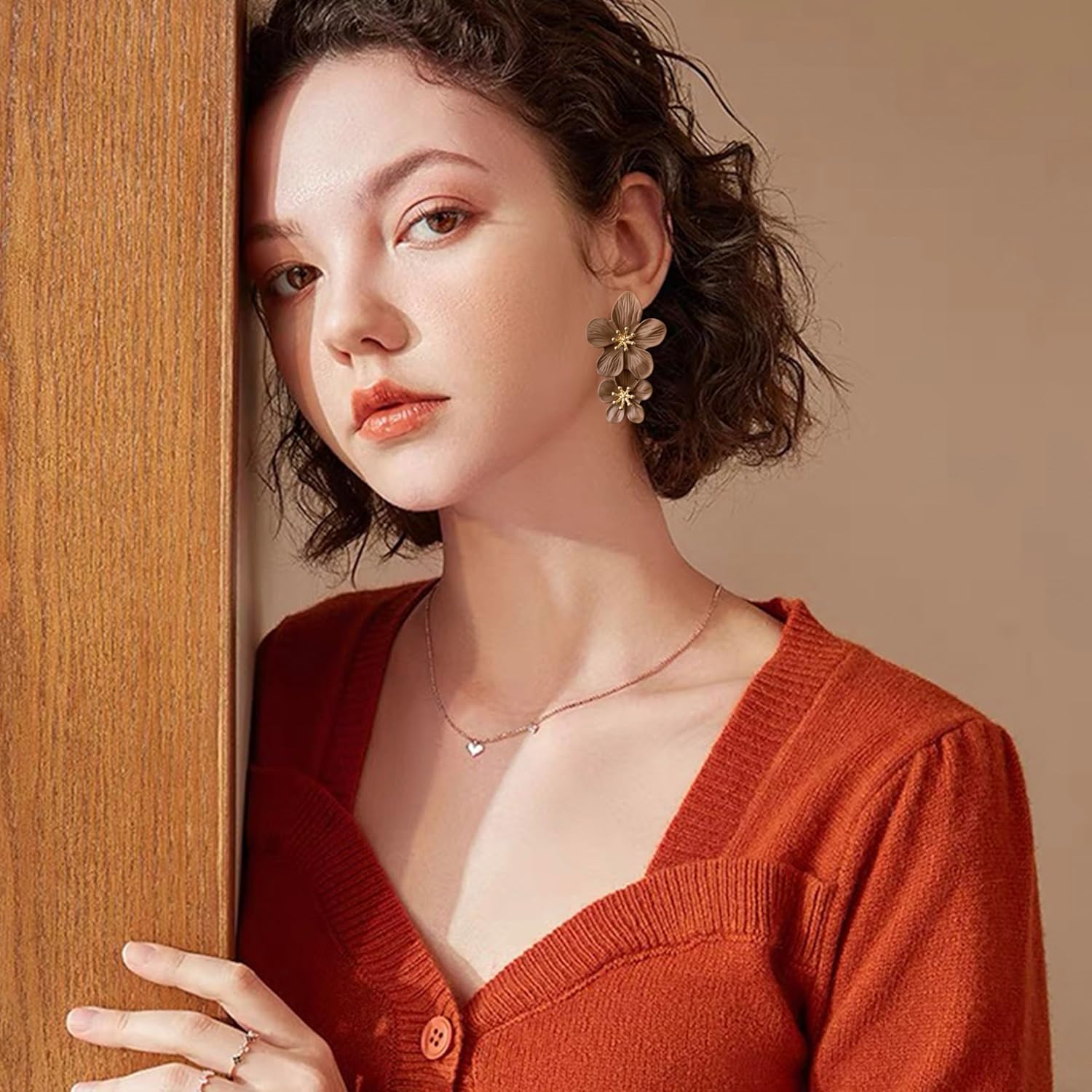 ANDPAI Unique Handmade Bohemian Large Matte Double Yellow Flower Dangle Drop Earrings White Metal floral Stud Earrings For Women Statement Wedding Holiday Jewelry Gifts - Image 3