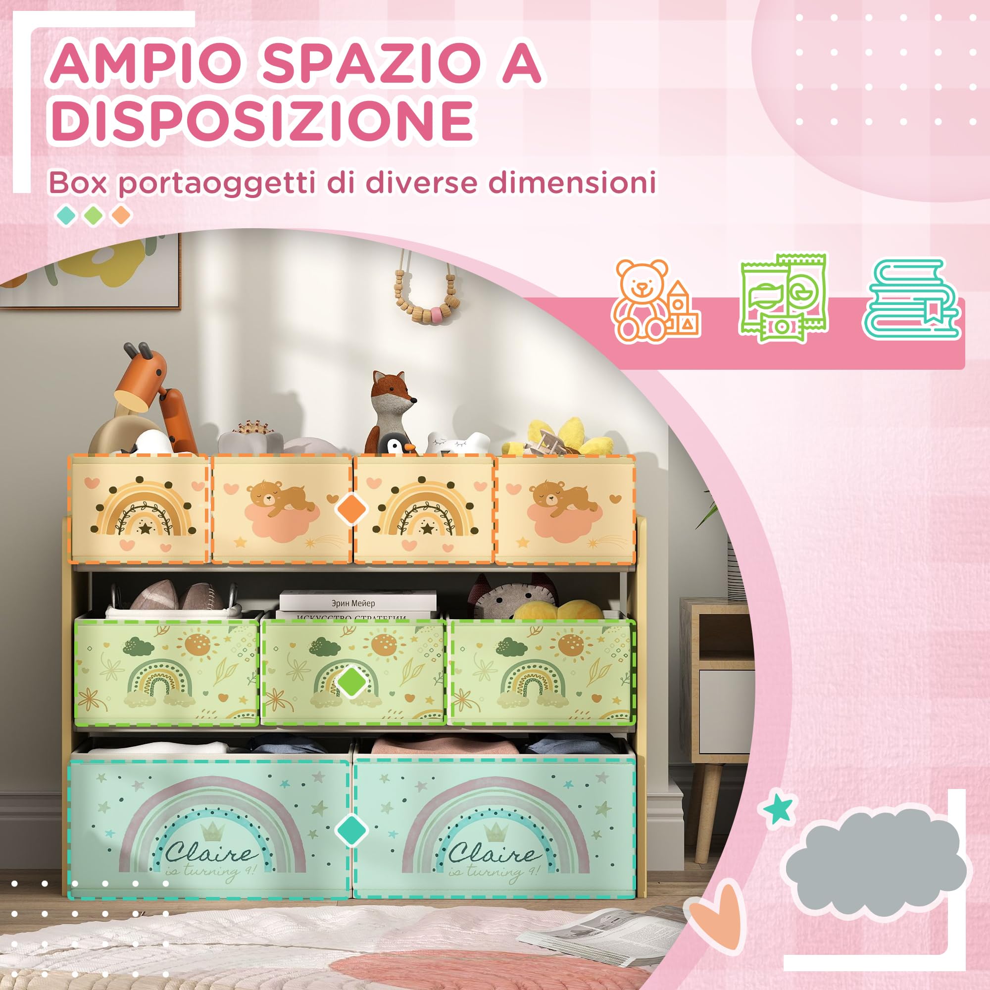 AIYAPLAY Estantería para Juguetes para Niños Organizador de Juguetes con 9 Cestas de Tela no Tejida para Guardería Sala de Juegos 93x30x70 cm Amarillo