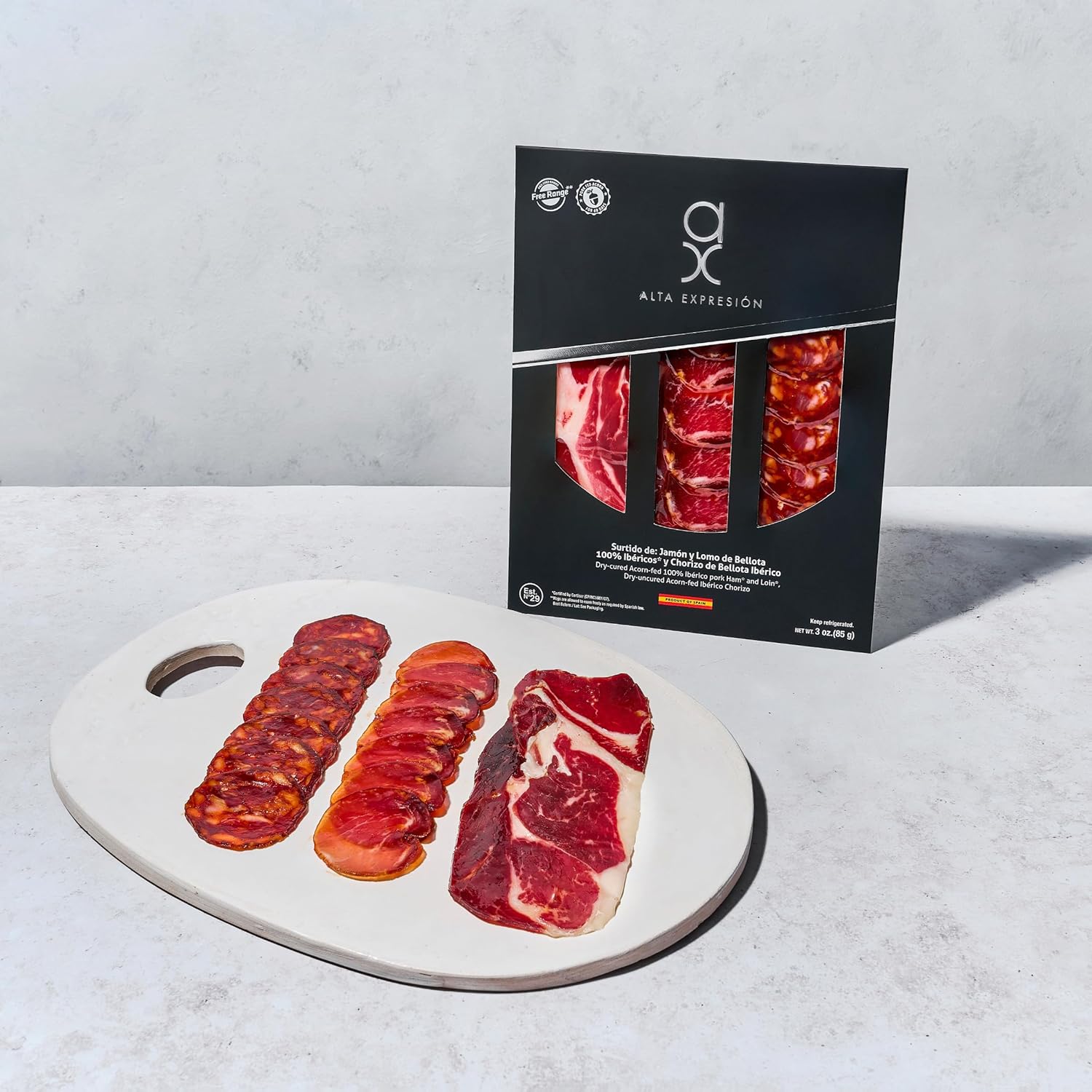 Ibérico Sampler – Acorn-Fed 100% Ibérico Ham, Loin & Chorizo (3 oz, Sliced, Dry-Cured Spanish Meats) – Alta Expresión by COVAP (1-Pack)