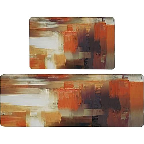 Orange Thanksgiving Fall Kitchen Anti Fatigue Mats for Floor Foam Cushioned Set of 2 Abstract Modern Art Kitchen Rugs Waterproof Non Slip Comfort Standing Padded Mats Carpets for Kitchen Sink Laundry
