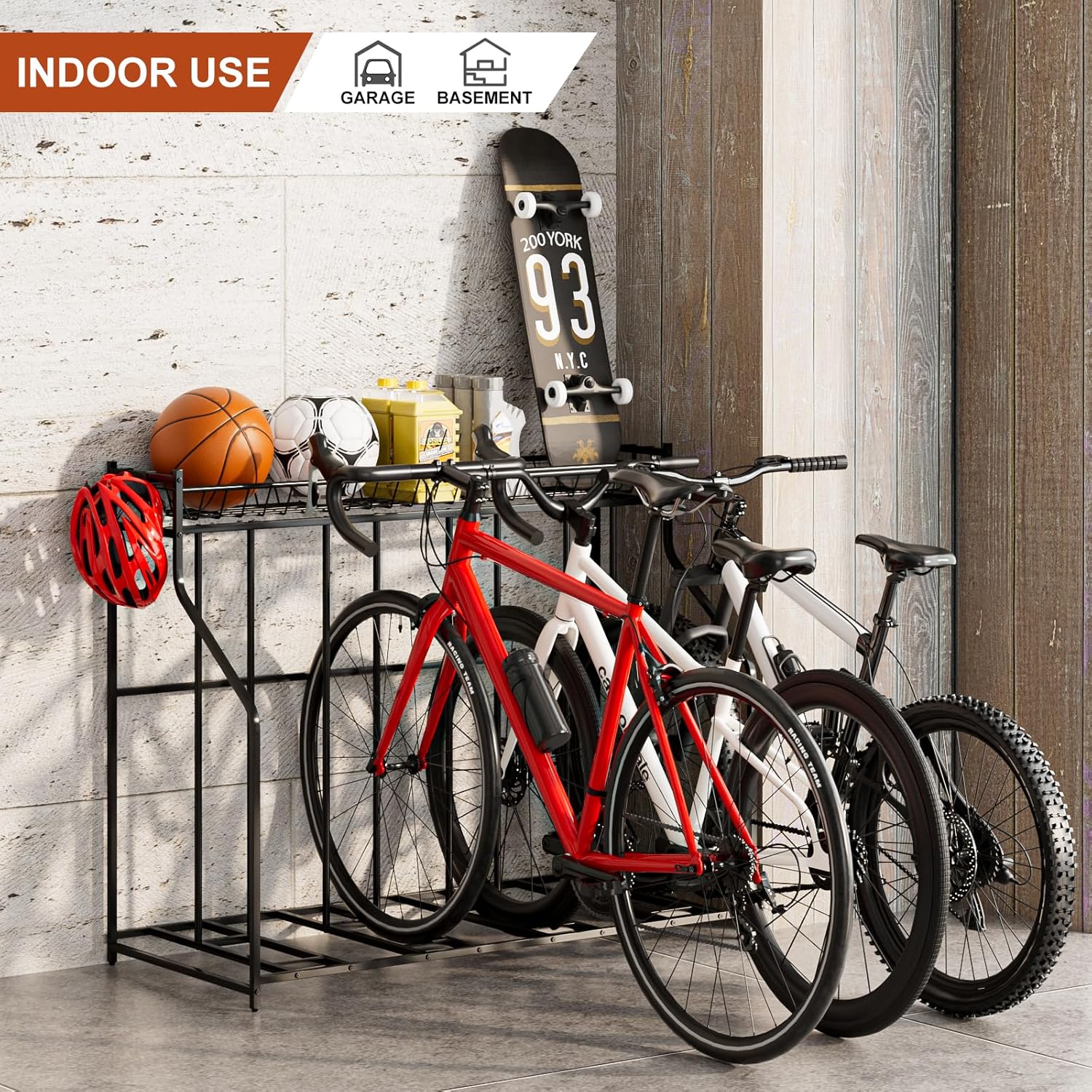 4 Bike Stand, Bike Rack Garage with Storage Rack, Bicycle Stand for Garage Organizer, Indoor Sporting Gear Storage Station for Mountain/Road/Hybrid & Fat Tire Bike