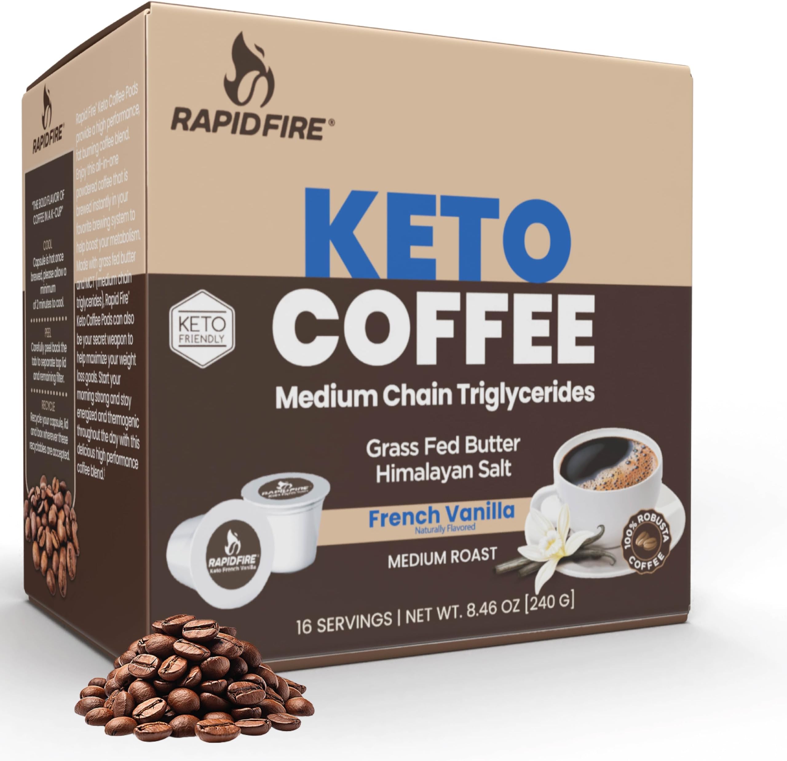Rapidfire French Vanilla Ketogenic High Performance Keto Coffee Pods, Supports Energy & Metabolism, Ketogenic Diet, 16 Single Servings