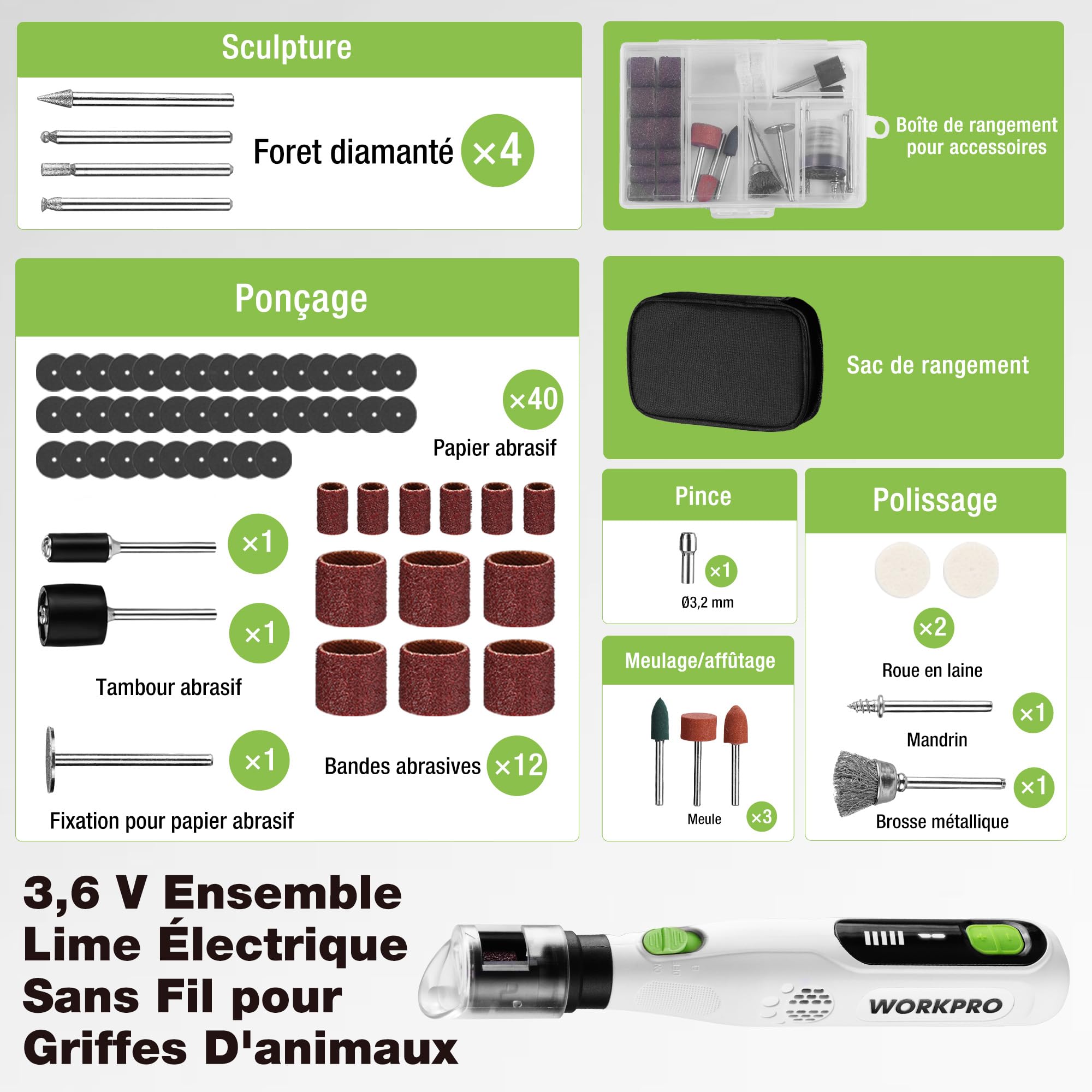 WORKPRO Lime à Ongles Chien Électrique | Lime Griffe pour Chiens et Chats avec 6 Vitesses, 3 Options de Slot, 70 Accessoires, Rechargeable Type-C et Sac de Rangement