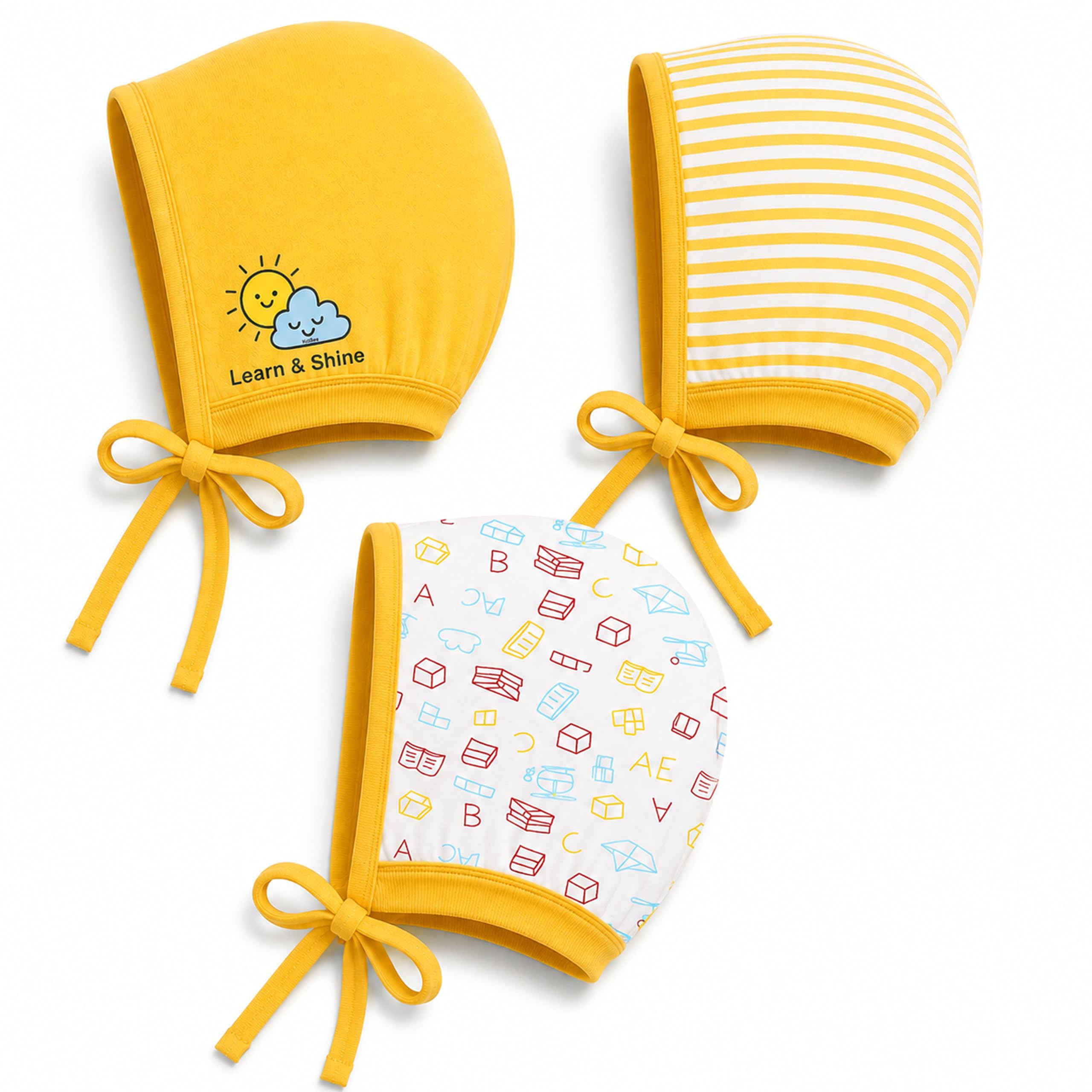 kidbee Baby Bonnet Cap for Boys & Girls, Soft Cotton Tie-Knot, Pack of 3-picture-0