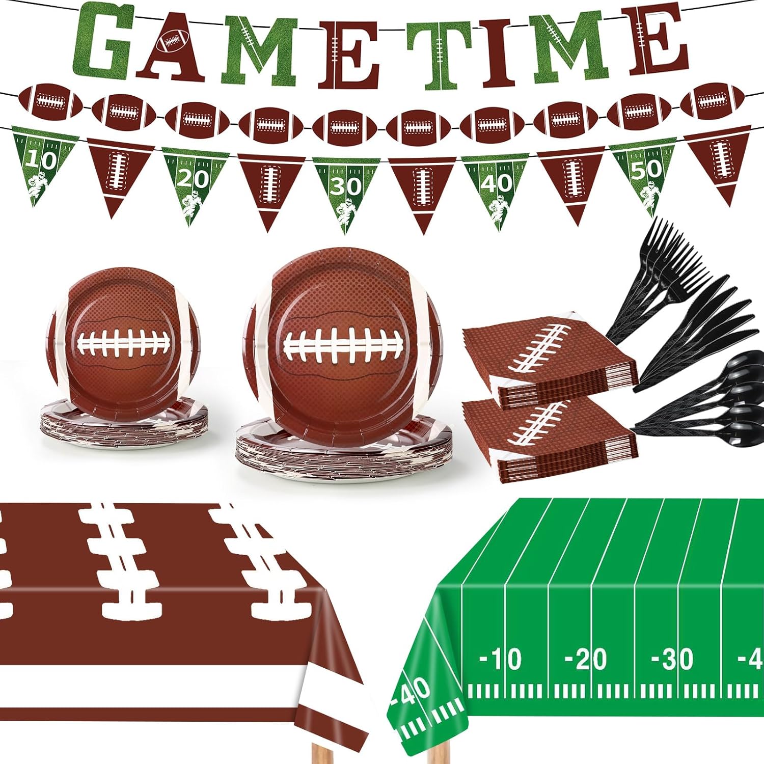 149 Pcs Football Party Decorations Kit for 24 Guests - All-in-One Kit with Plates, Napkins, Forks, Spoons, Knives, Waterproof Tablecloth & Banner for Super Bowl or Tailgate Party Decorations