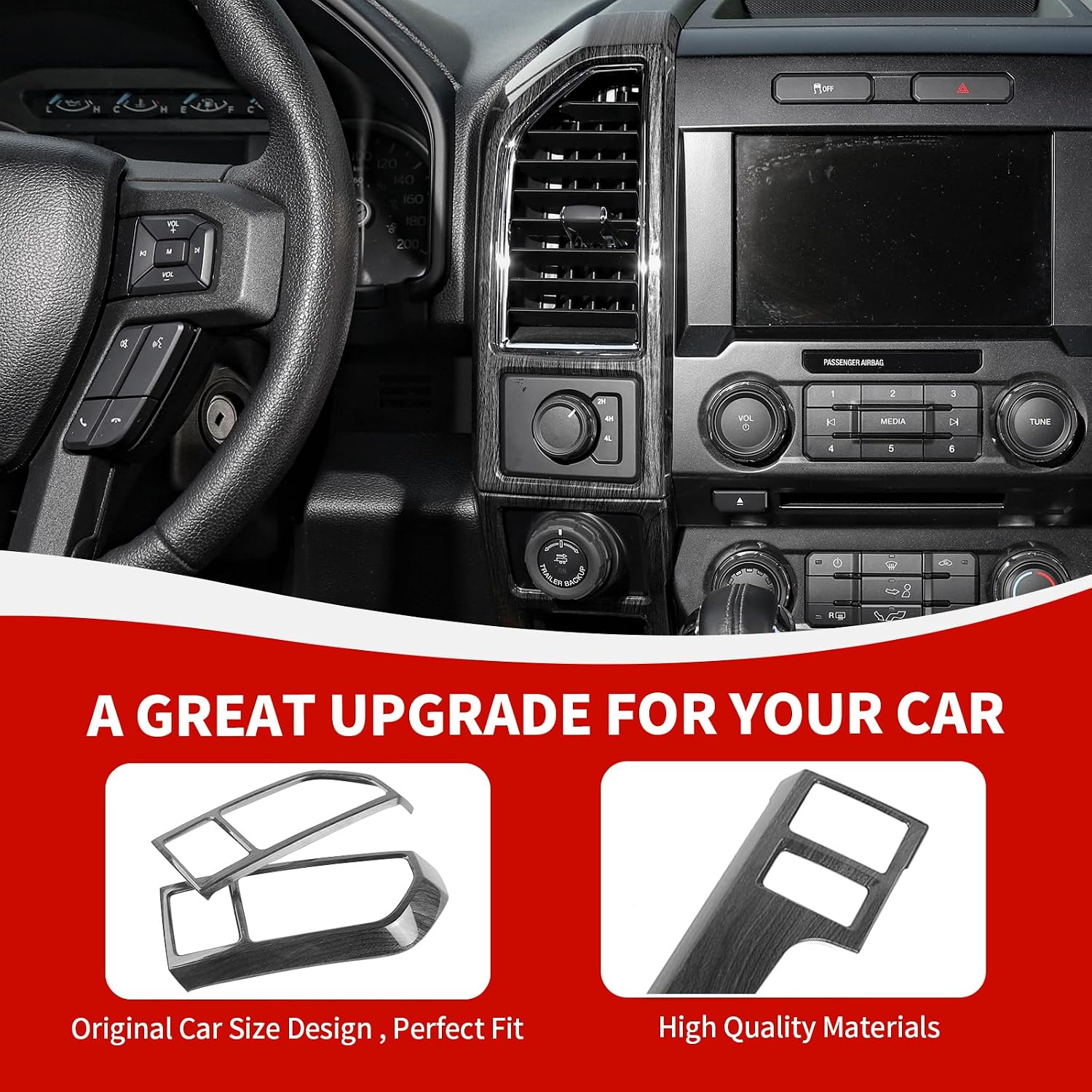 RAZPOY for F150 Interior Trim Kit, 4PCS Center Console AC Dash Dashboard Panel Covers Trim Compatible with Ford F150 2015-2020 Accessories Black Wood Grain