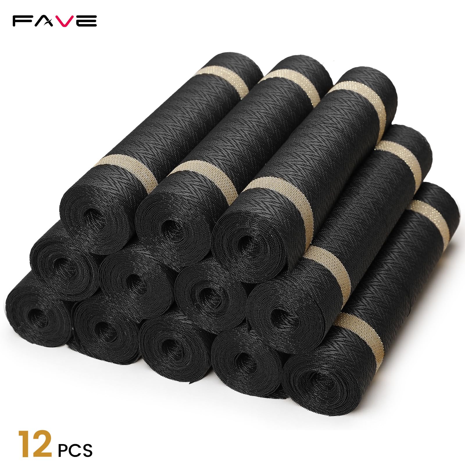 FAVE Tischläufer aus gewebtem Vinyl, mit goldenen Fäden, hitzebeständig, Esstischmatten für Hochzeit, Bankett, Geburtstag, Party, Restaurant, Schwarz, 30,5 x 304,8 cm, 12 Stück