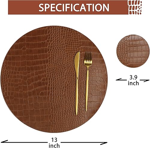 Miniatura 3 de Juego de 6 manteles individuales redondos de cuero para mesas redondas, manteles individuales y posavasos marrones, lavables, fáciles de cuidar para