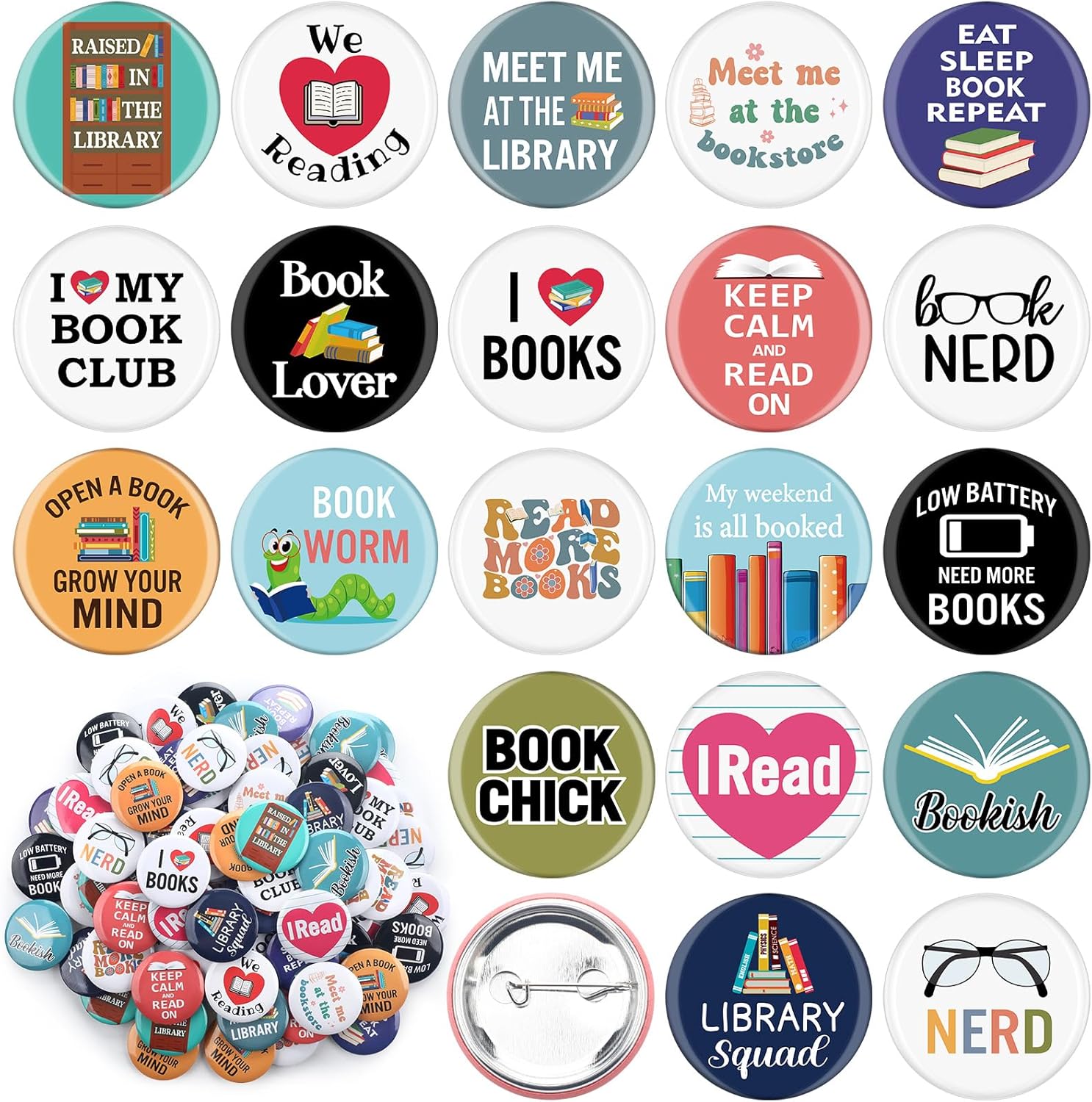 Tondiamo 160 Pcs Funny Book Lover Pins Round Metal Buttons Badge Bookish Brooch for Bookworms Librarians and Readers Themed Pins for Backpacks Events