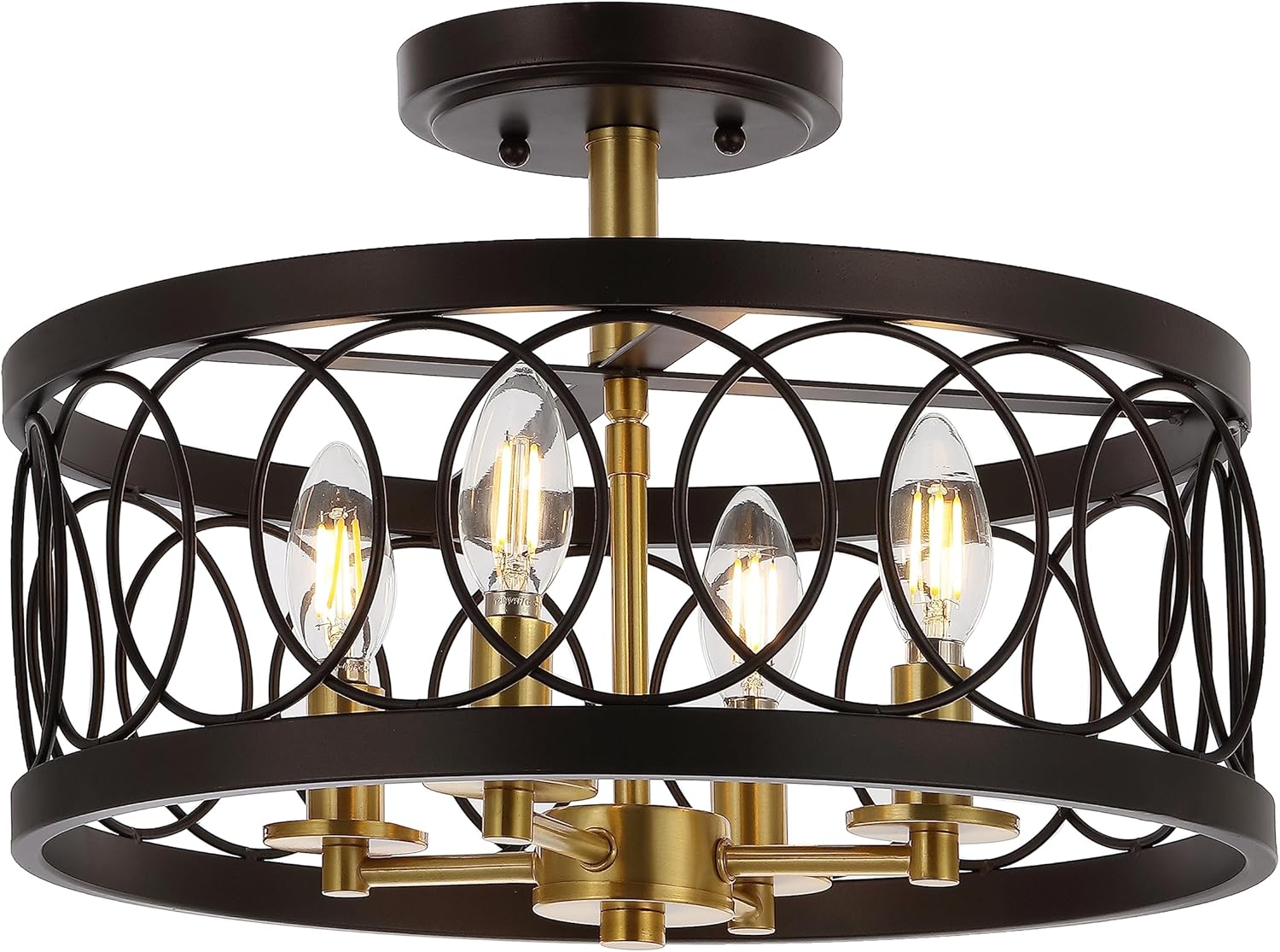 JONATHAN Y 15.5" Oil Rubbed Bronze/Brass Gold 4-Light Metal LED Semi-Flush Mount Ceiling Light, Metal Fretwork Shade for Bedroom Entryway Hallway, Traditional Round Dimmable Fixture (JYL9040B)
