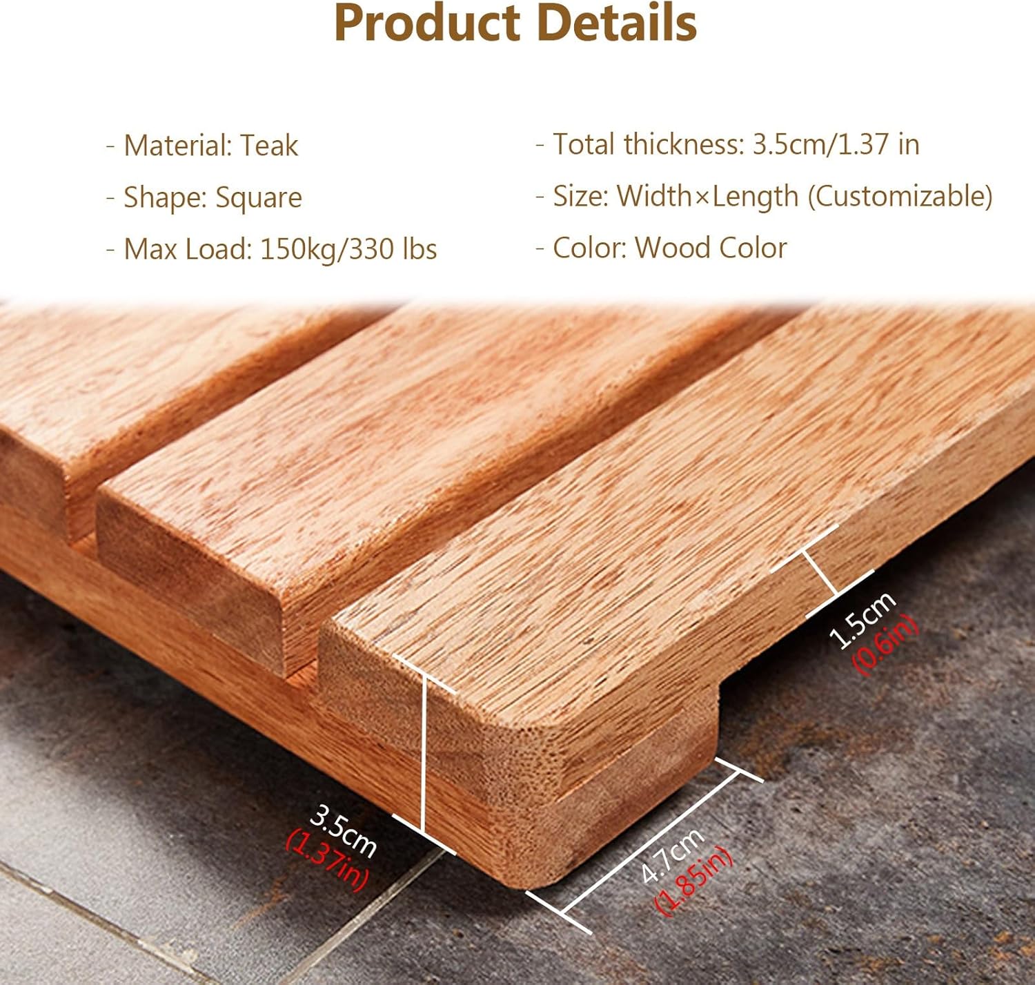 Large Teak Shower Mat Non Slip Wooden Bathroom Mat, Raised Wood Floor Mat for Showers/Home/Outsideindoor/Outdoor Use(32x45in(81.2x114.3cm))