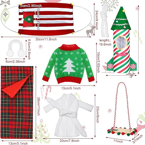 Miniatura 3 de Liitrsh Juego de 8 accesorios de muñeca elfo de Navidad con cohete elfo, saco de dormir de Navidad, suéter, albornoz, orejeras, bufanda, columpio,