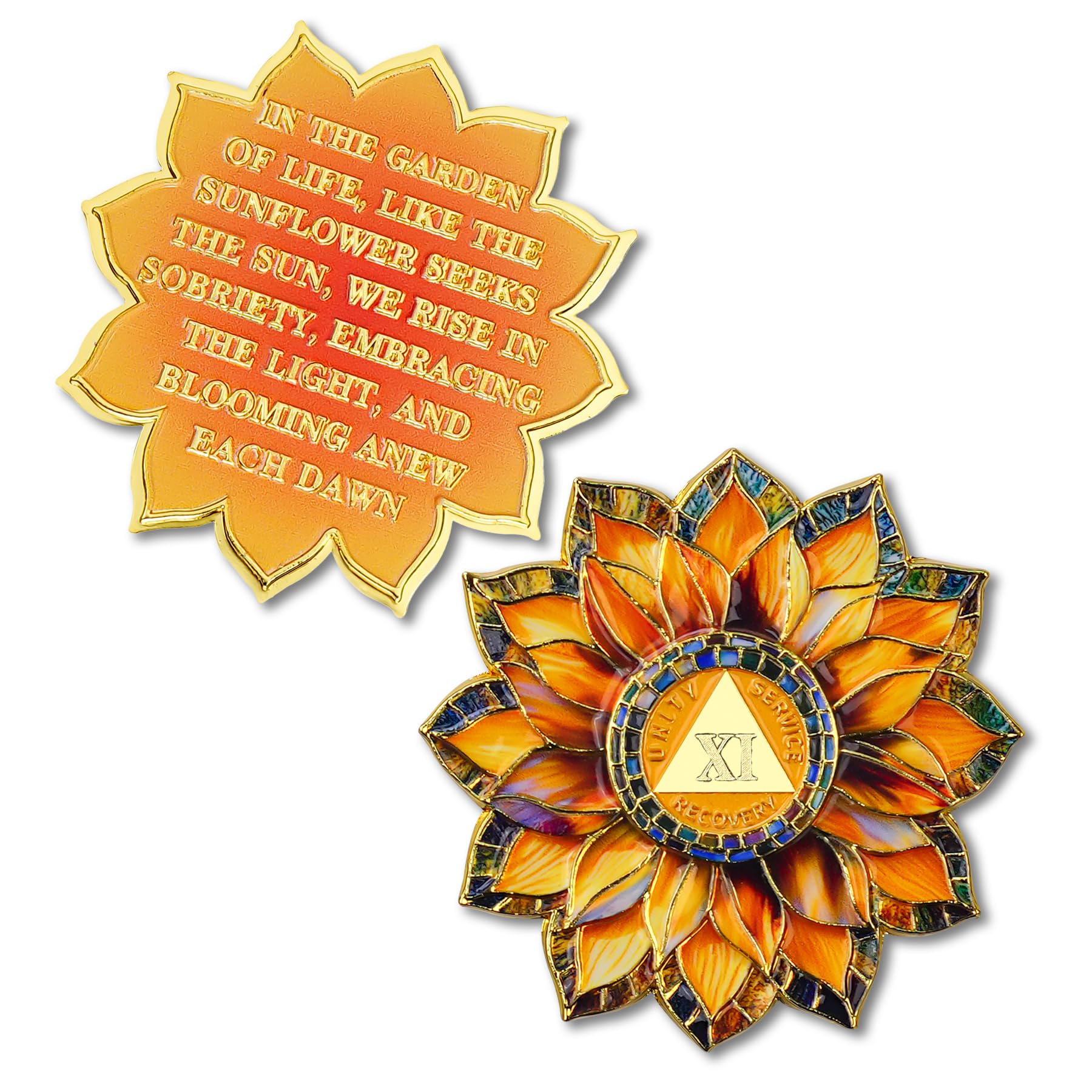 Sunflower 11 Year Sobriety Coin - Colorful Glass Broken and Rebuilt AA Coins - Eleven Year Addiction NA AA Chips and Medallions - 1-20 Celebrate Living Clean Alcoholics Anonymous Gifts for Men Women
